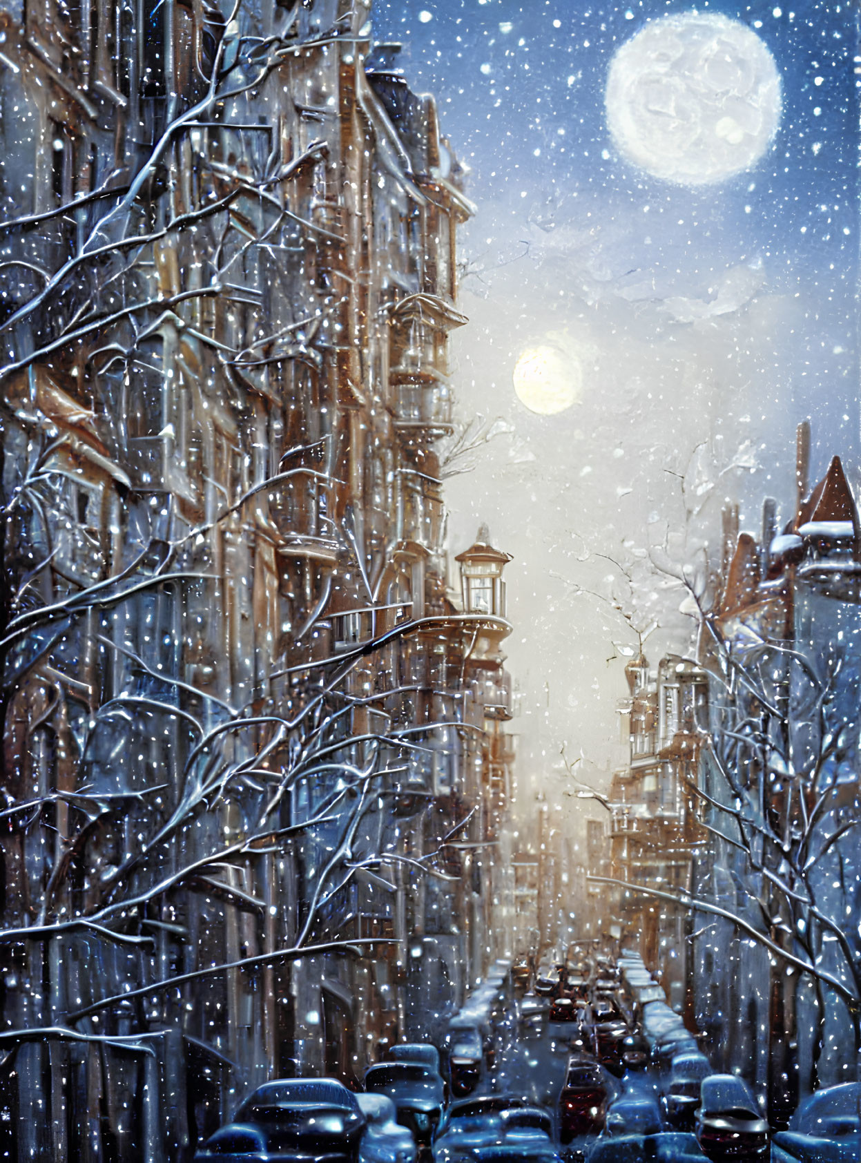 Snowy city street at night with bare trees, parked cars, street lamps, and buildings under full