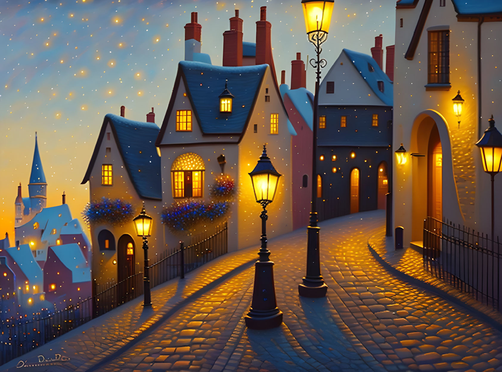 Twilight cobblestone street with lit lamp posts and quaint houses