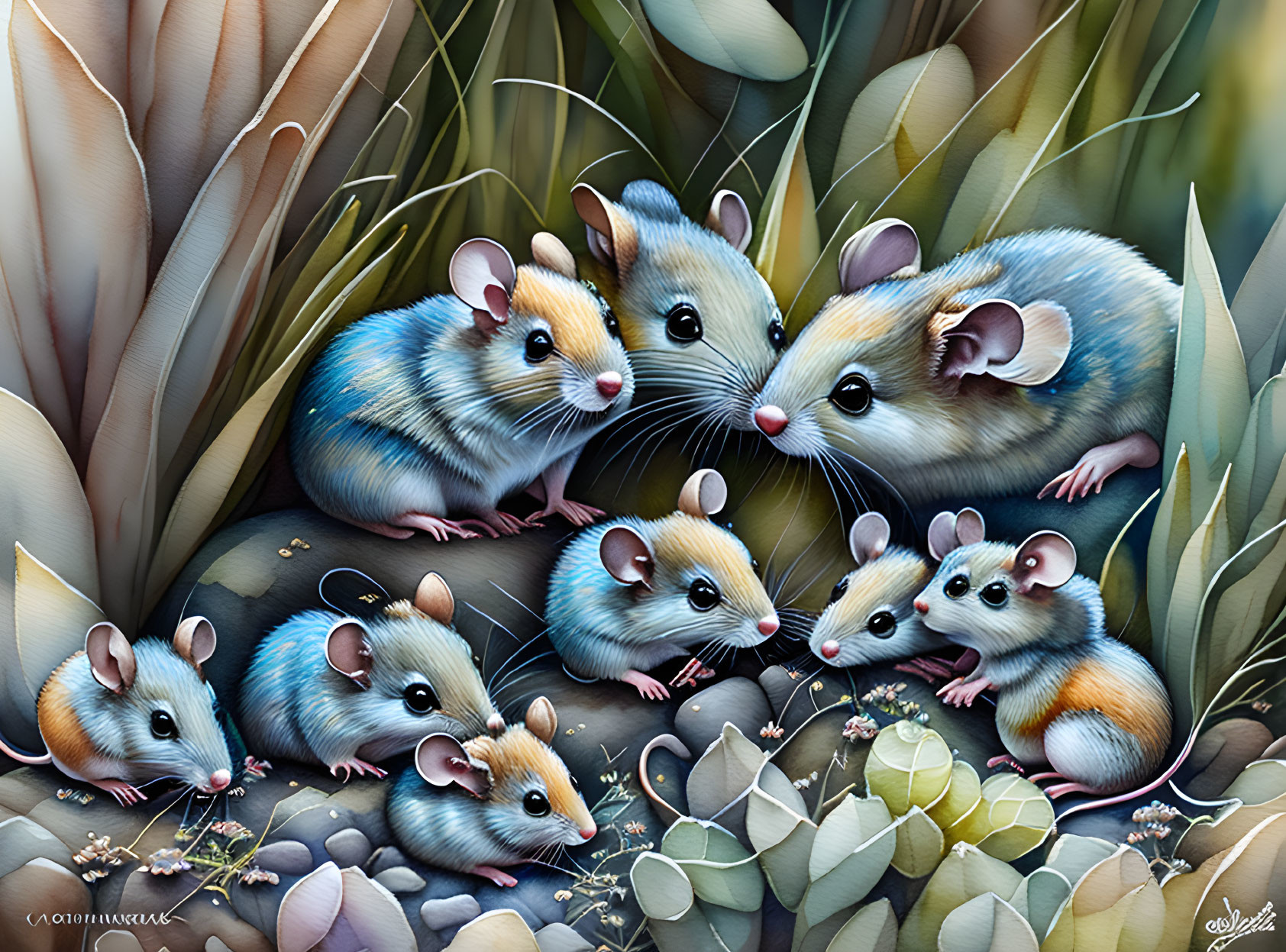 Seven cute mice in nature with big ears and bright eyes among leaves and grasses