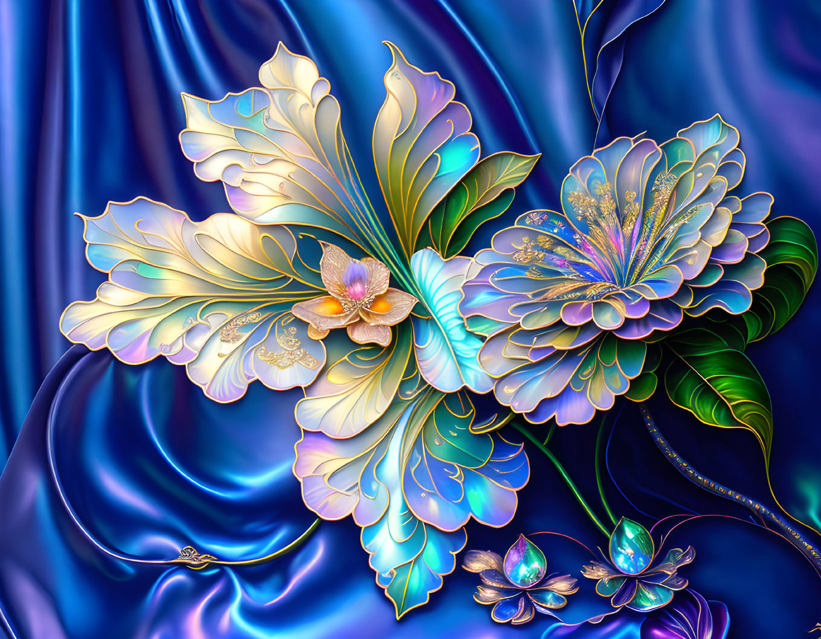 Luminous digital art: intricate flowers on blue satin with dewdrops
