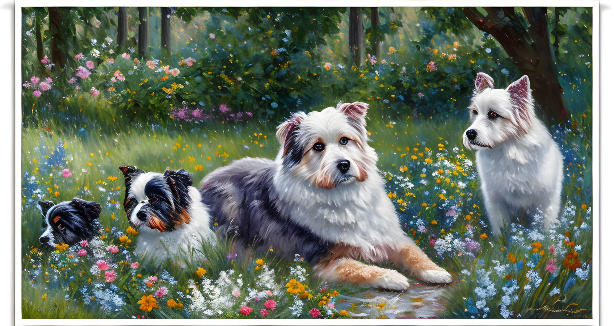 Diverse Breeds of Dogs Relaxing in Forest Wildflowers