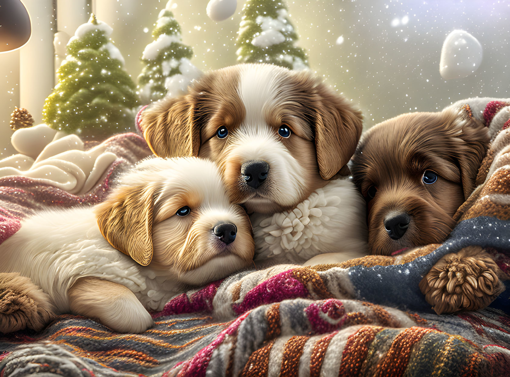 Three puppies cuddled in blanket with Christmas tree and snow.