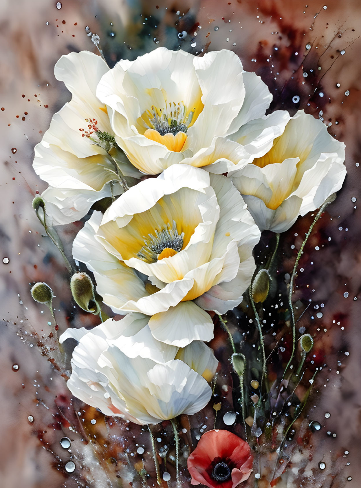 White poppies with yellow centers in a vibrant painting