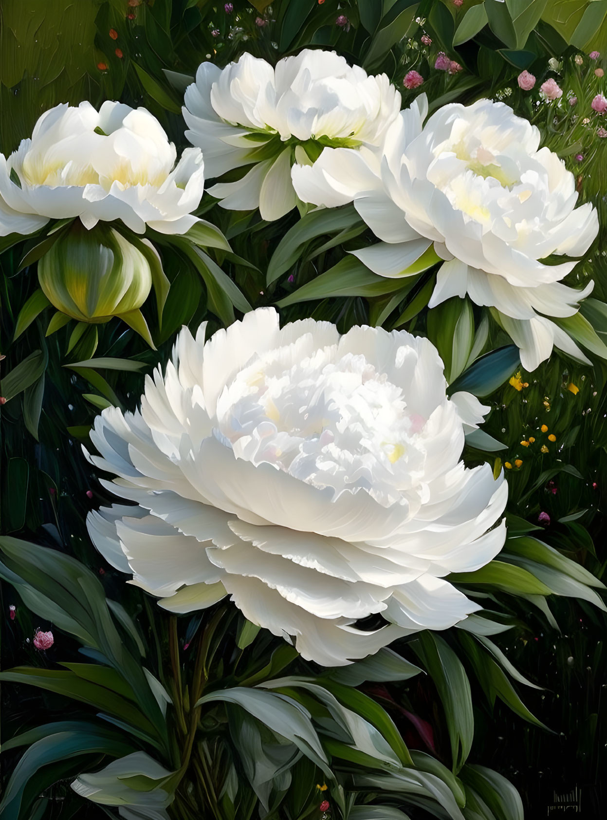 White Peonies Surrounded by Pink and Yellow Flowers