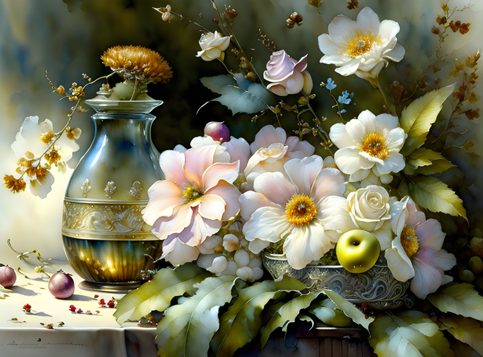 Gold-patterned vase with flowers, fruits, and leaves on table