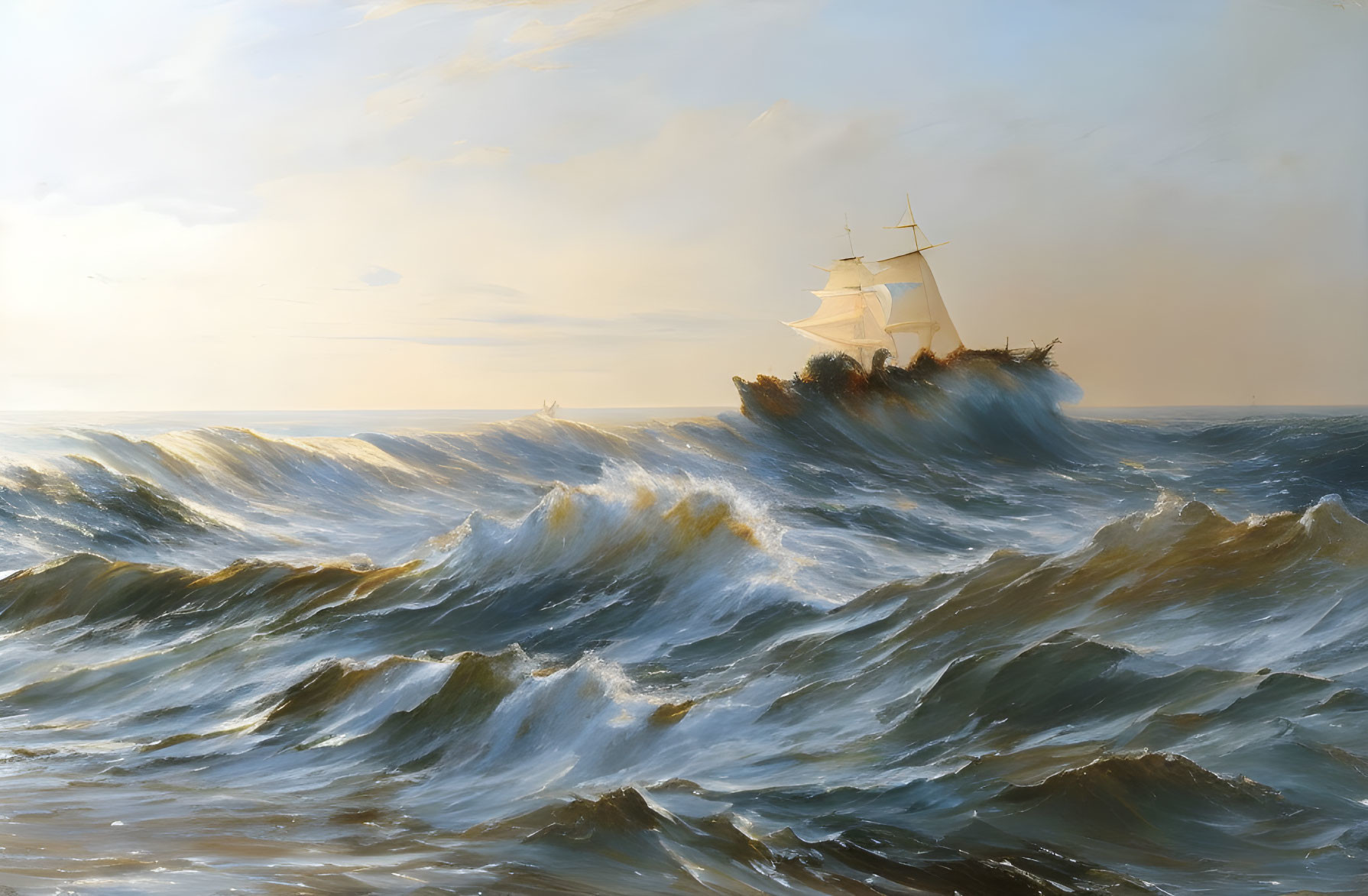 Sailing ship painting navigating turbulent ocean waves