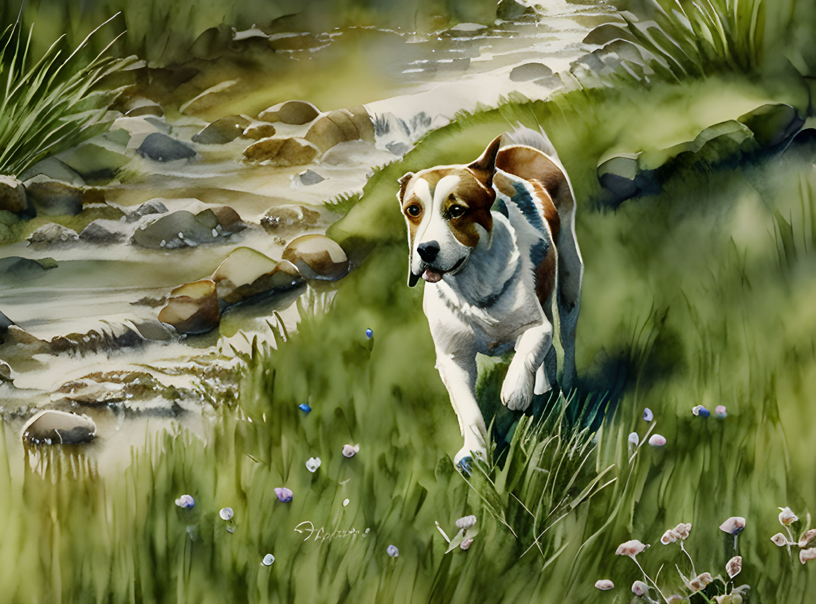 Brown and White Dog Running in Lush Green Landscape