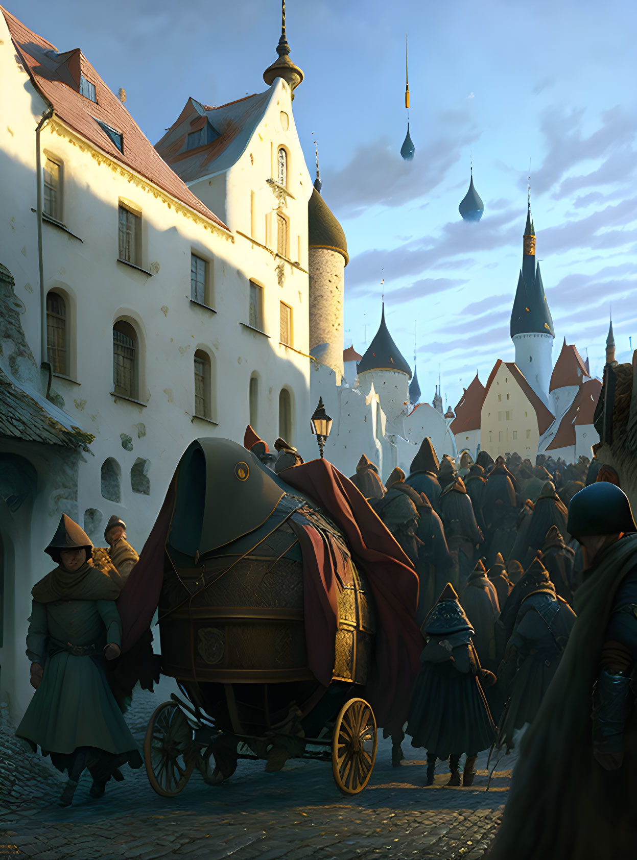 Armored individuals escort covered carriage in medieval town at sunset