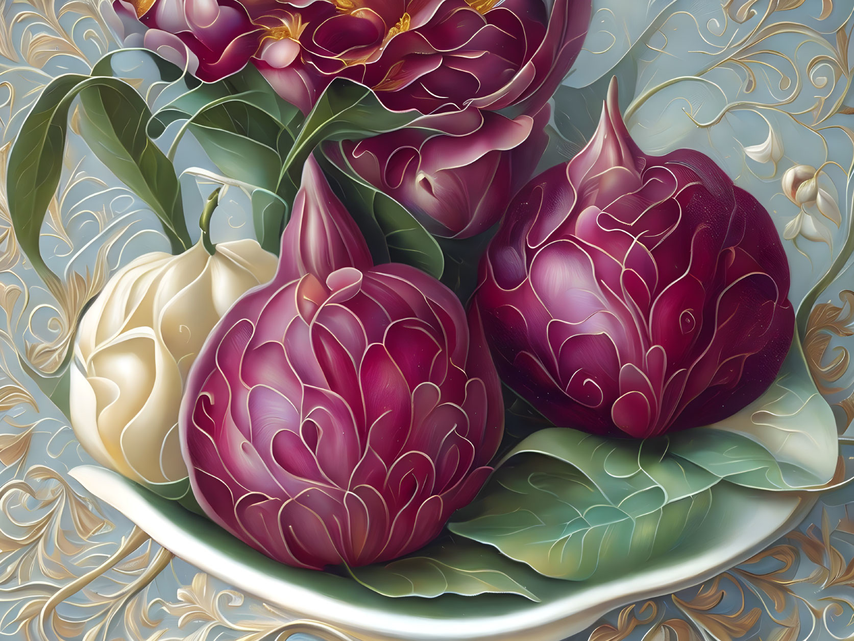 Stylized artichokes in purple, white, and deep pink on ornate plate