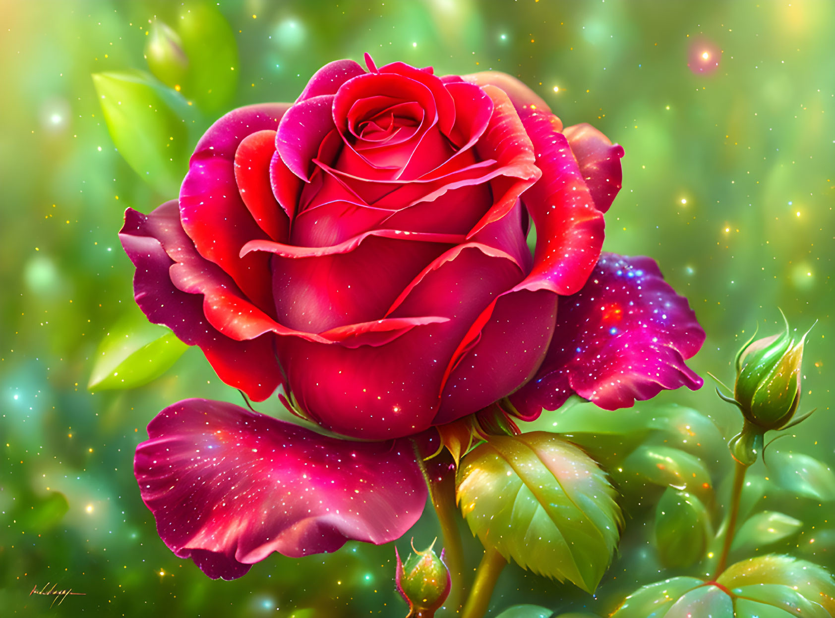 Vibrant digital artwork: Red rose with magical glow and sparkling light particles.