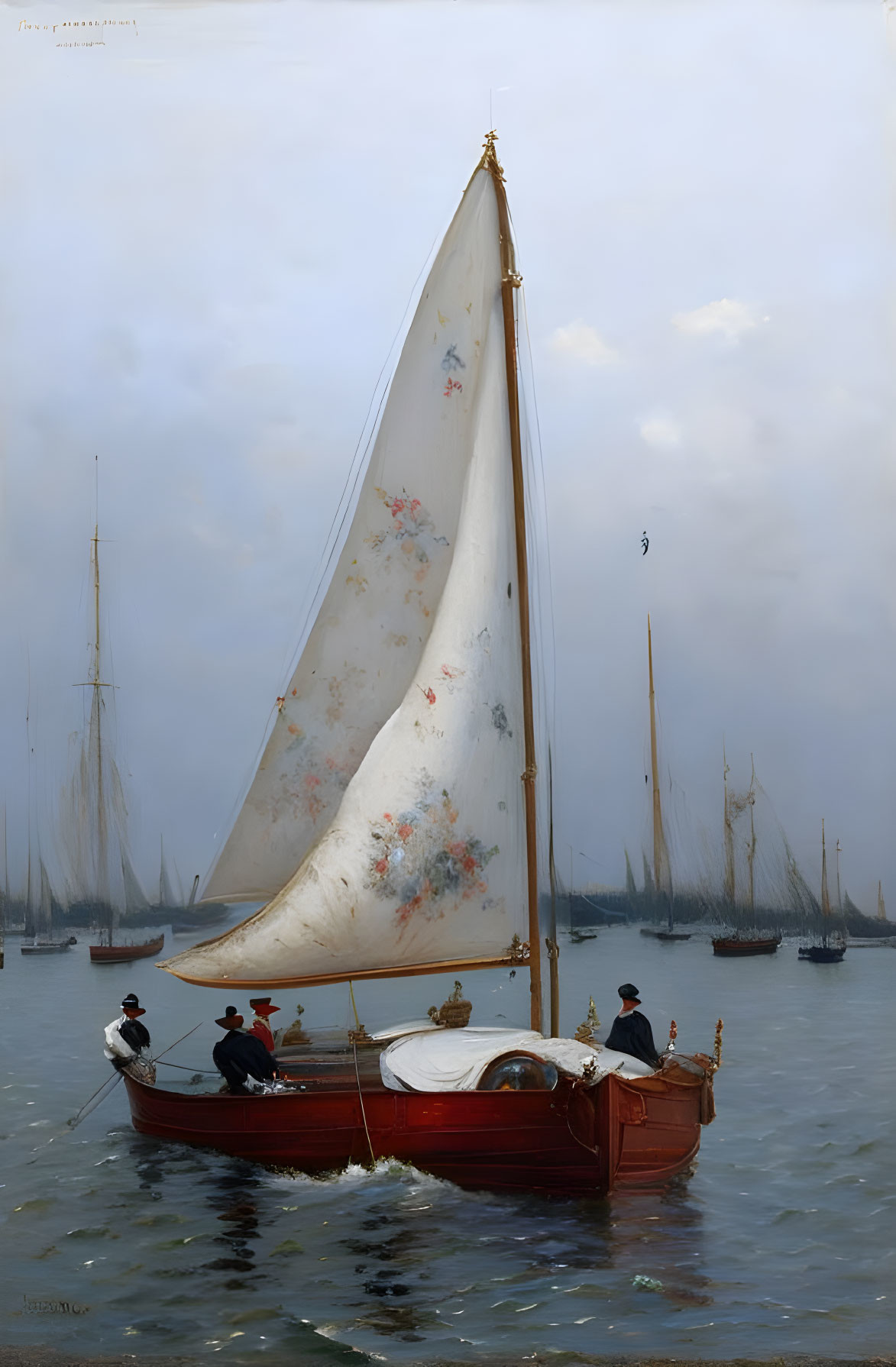 Classic Painting: Crew on Red Sailboat with Floral Pattern Sail