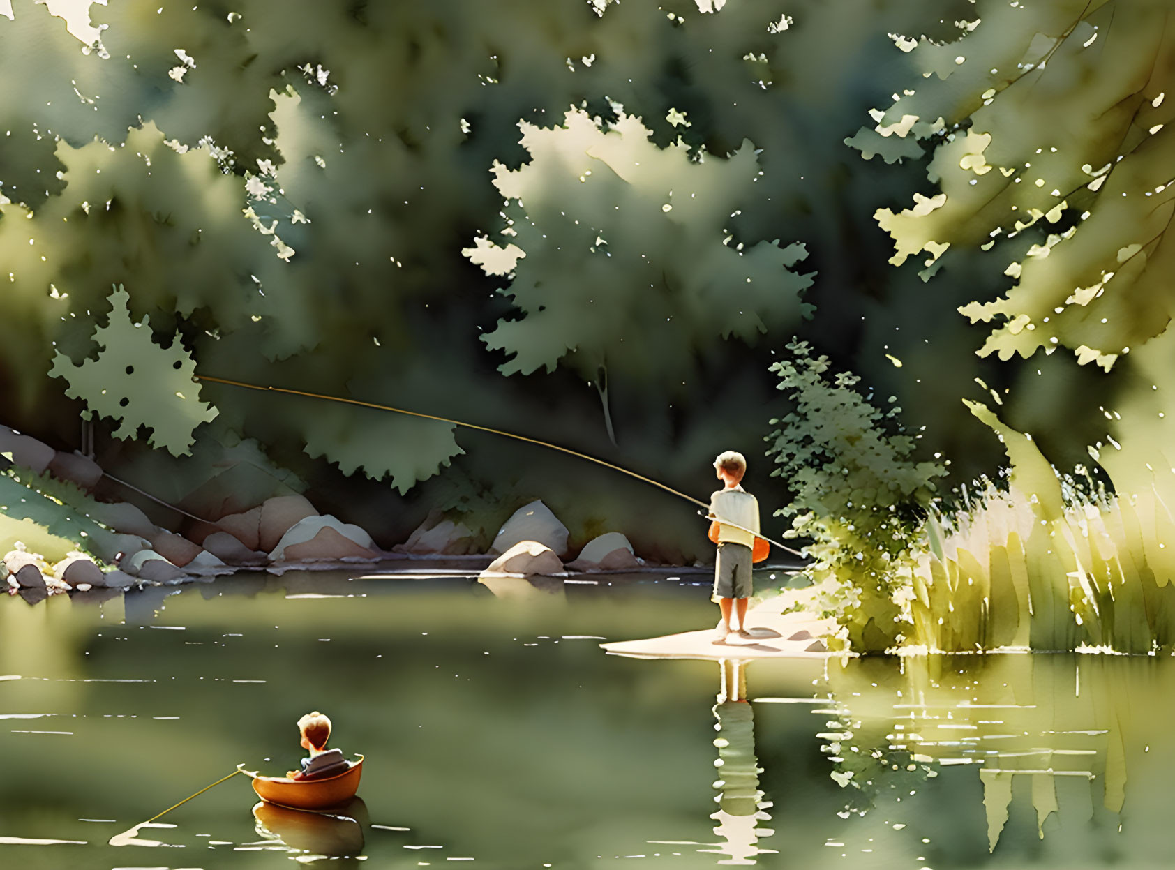 Tranquil fishing scene with child angling in lush pond