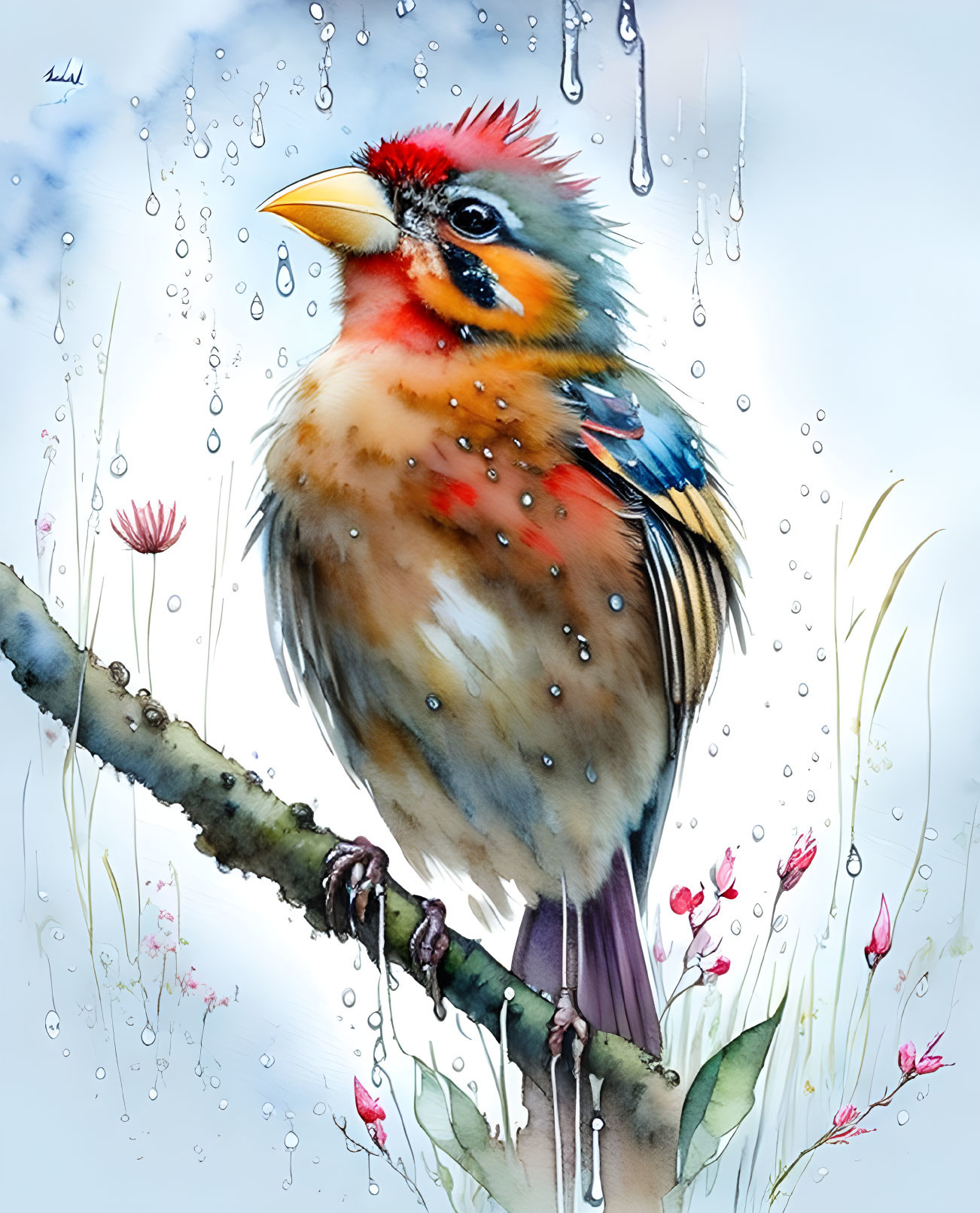 Colorful Bird Watercolor Illustration on Branch with Rain Droplets