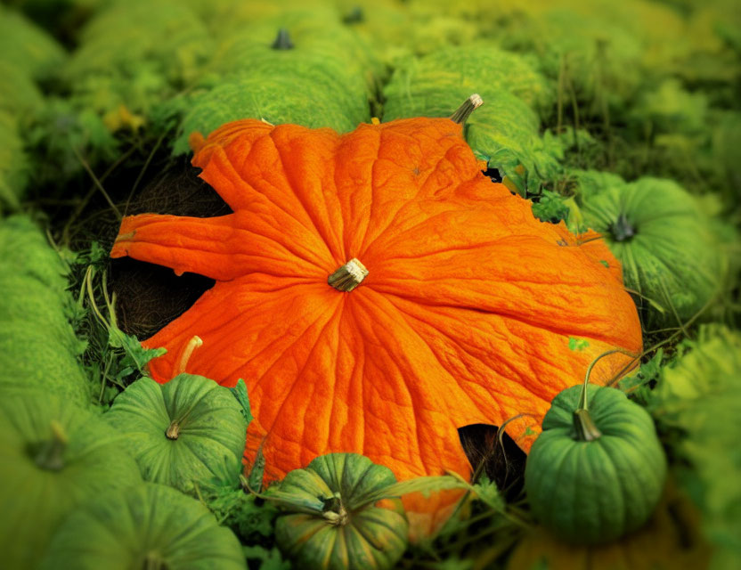 Colorful Pumpkin Patch with Oversized Orange Pumpkin