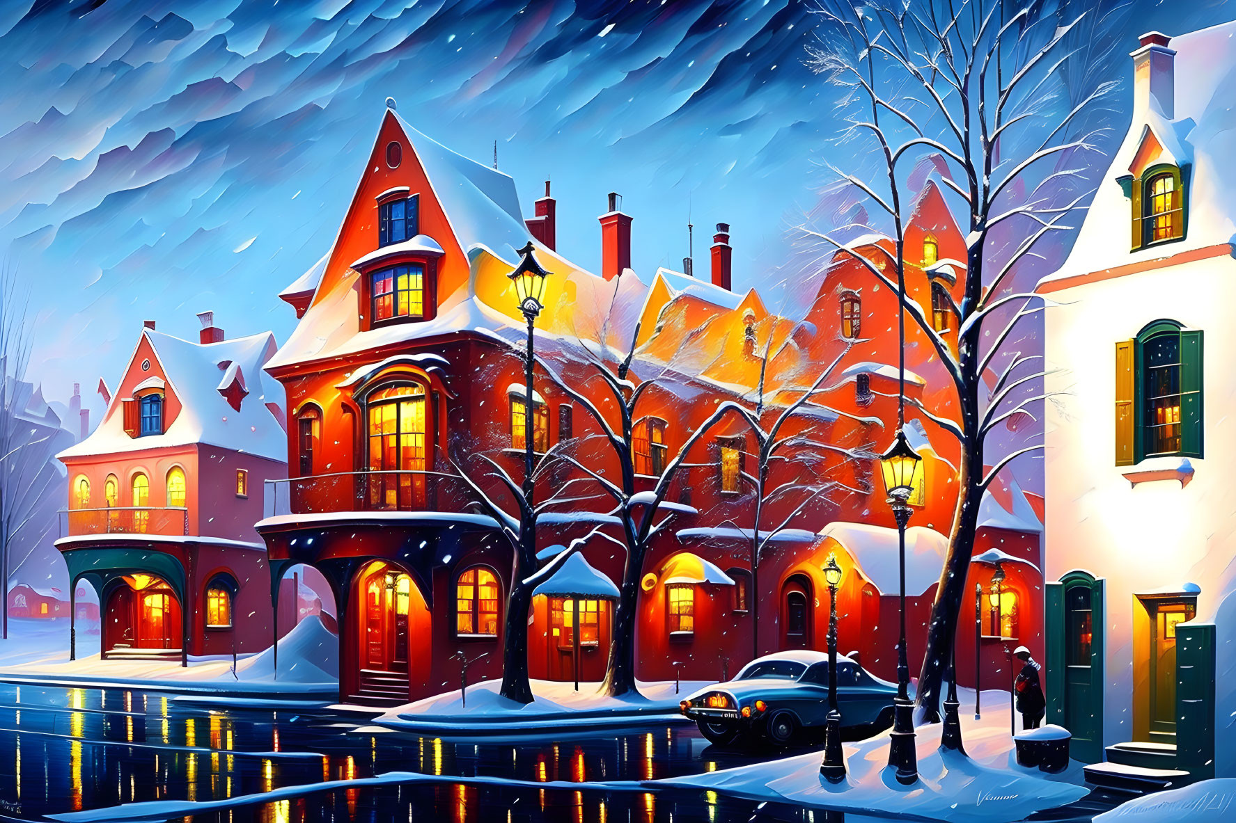 Victorian houses and car on snow-covered street at twilight