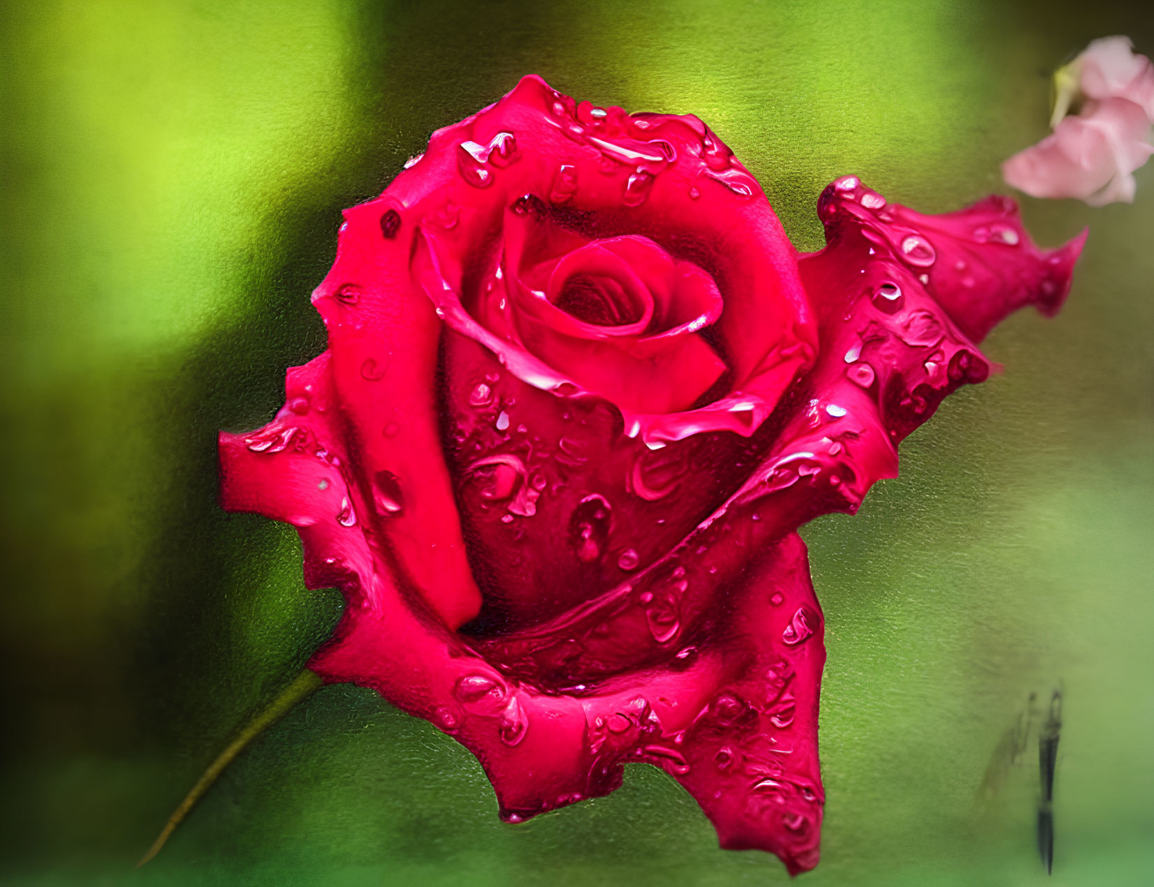 Vibrant red rose with water droplets on petals against soft-focus green background