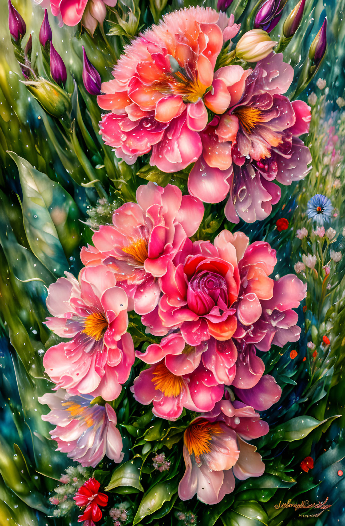 Colorful Flower Bouquet with Dew Drops on Green Foliage