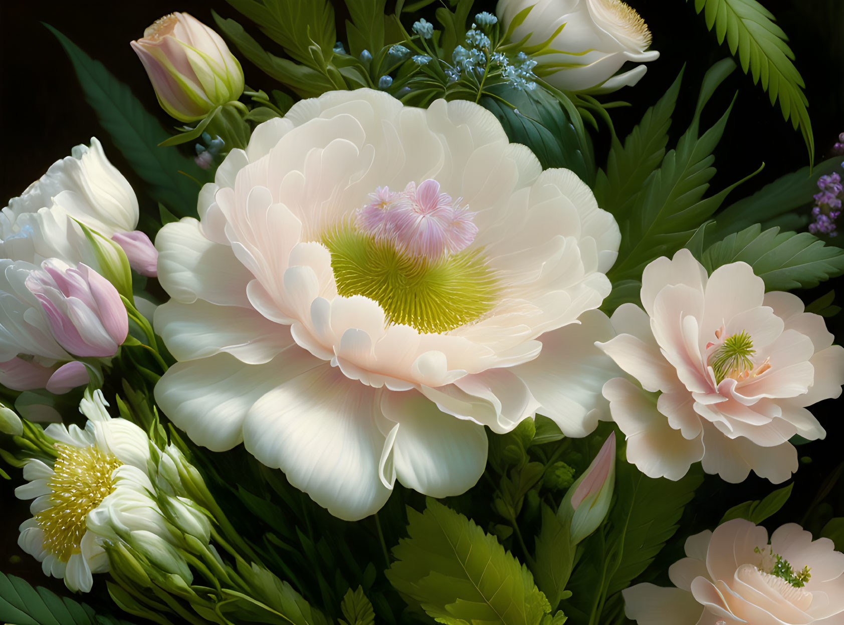 Delicate white flowers with pink and yellow centers in lush bouquet