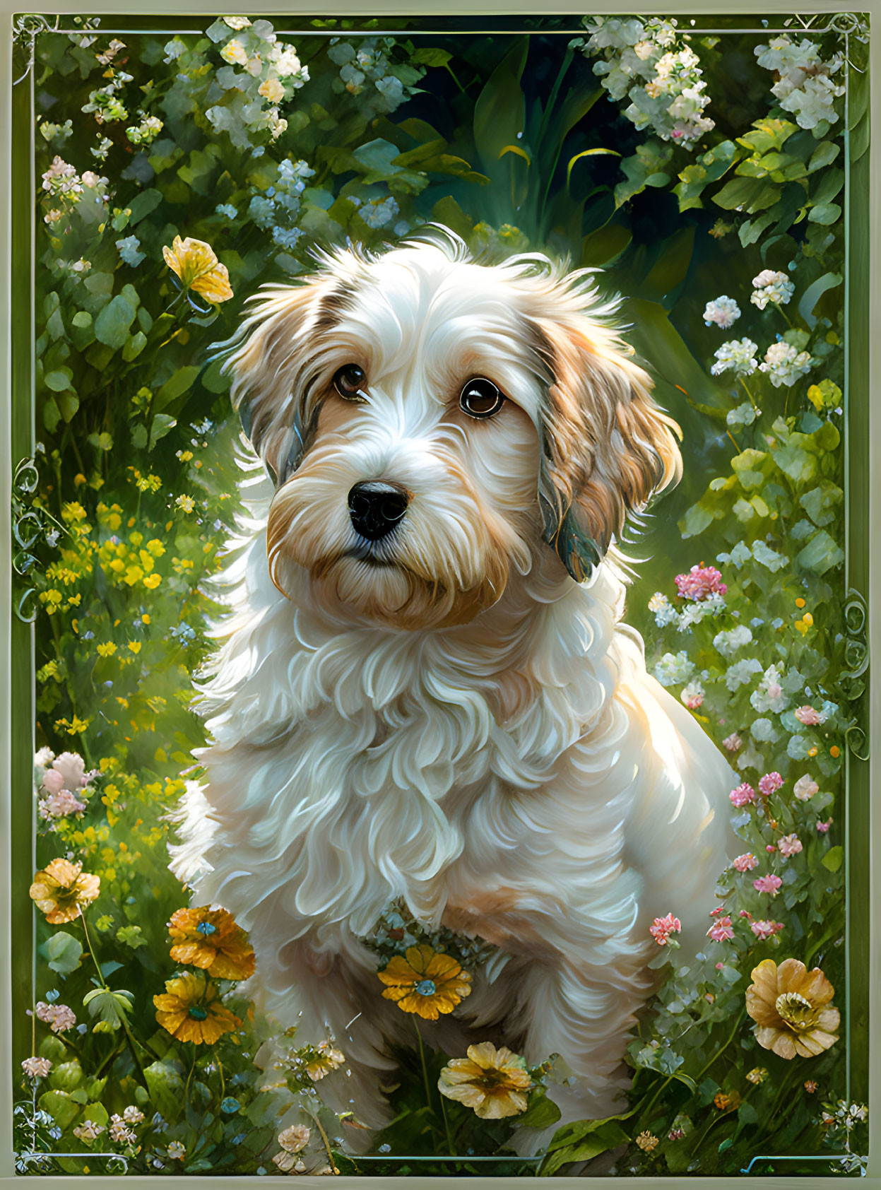 Fluffy white and beige dog in vibrant floral setting