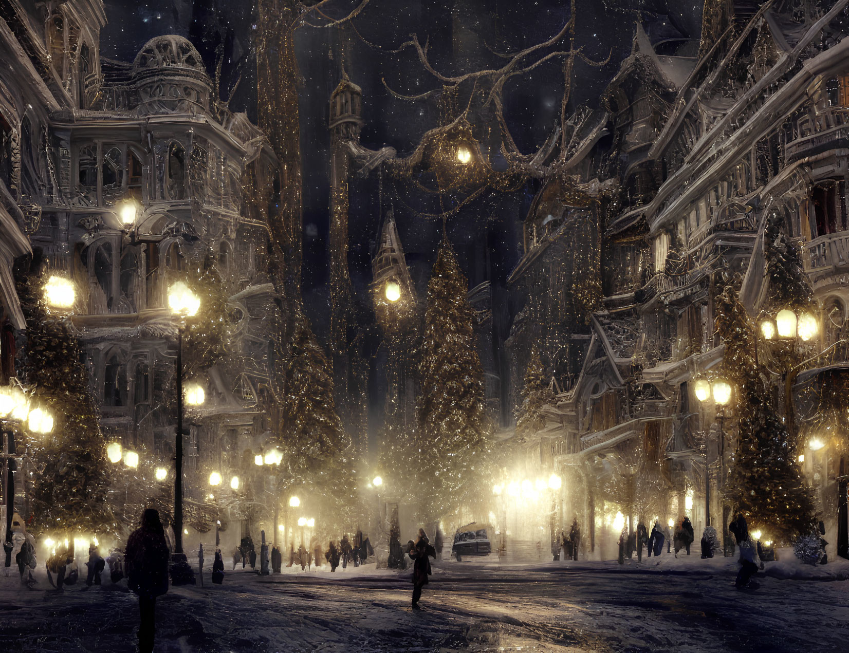 Snowy Evening Scene: People Strolling Amongst Decorated Trees and Ornate Buildings