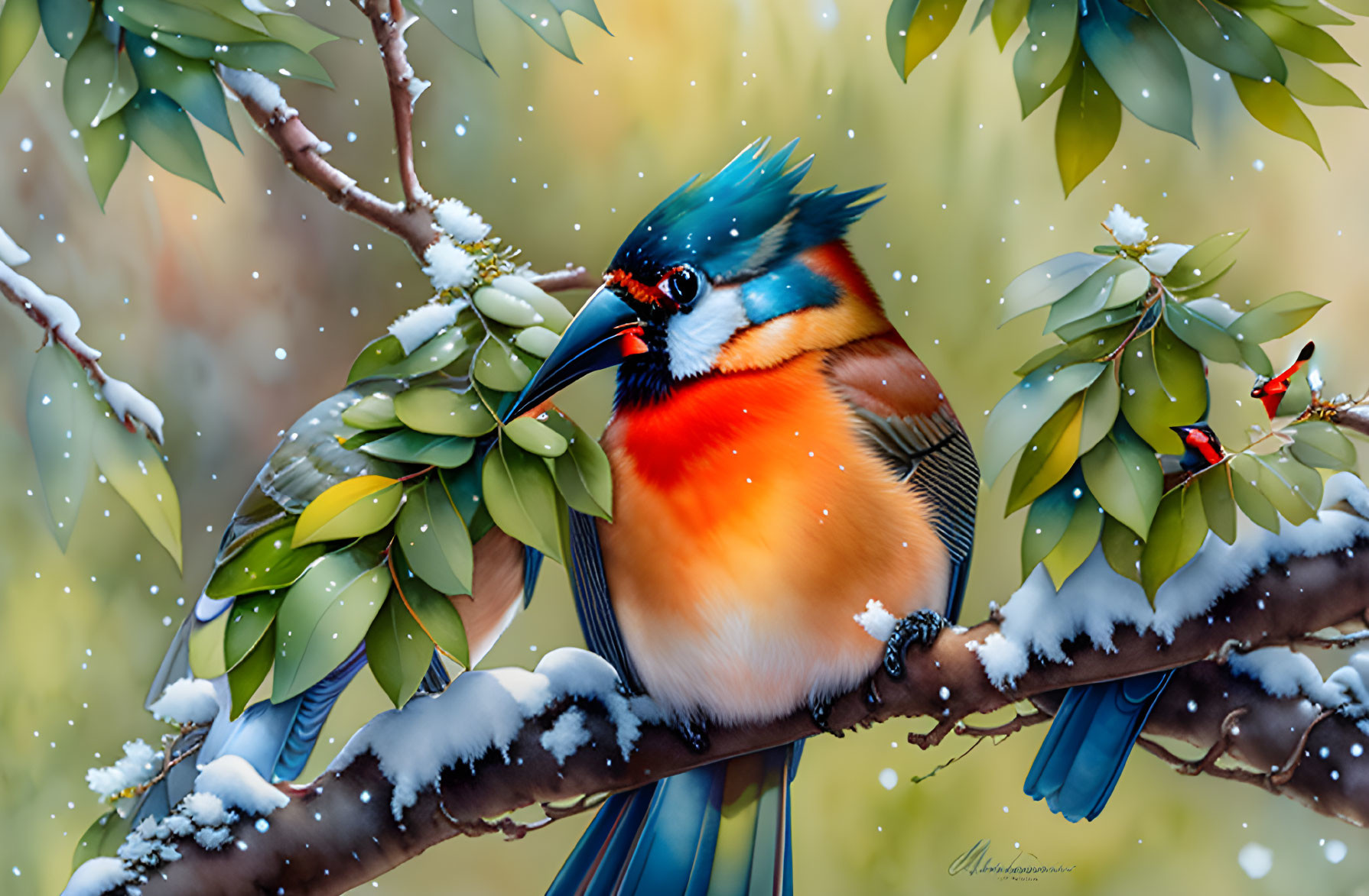 Colorful bird on snowy branch with red berries and falling snowflakes