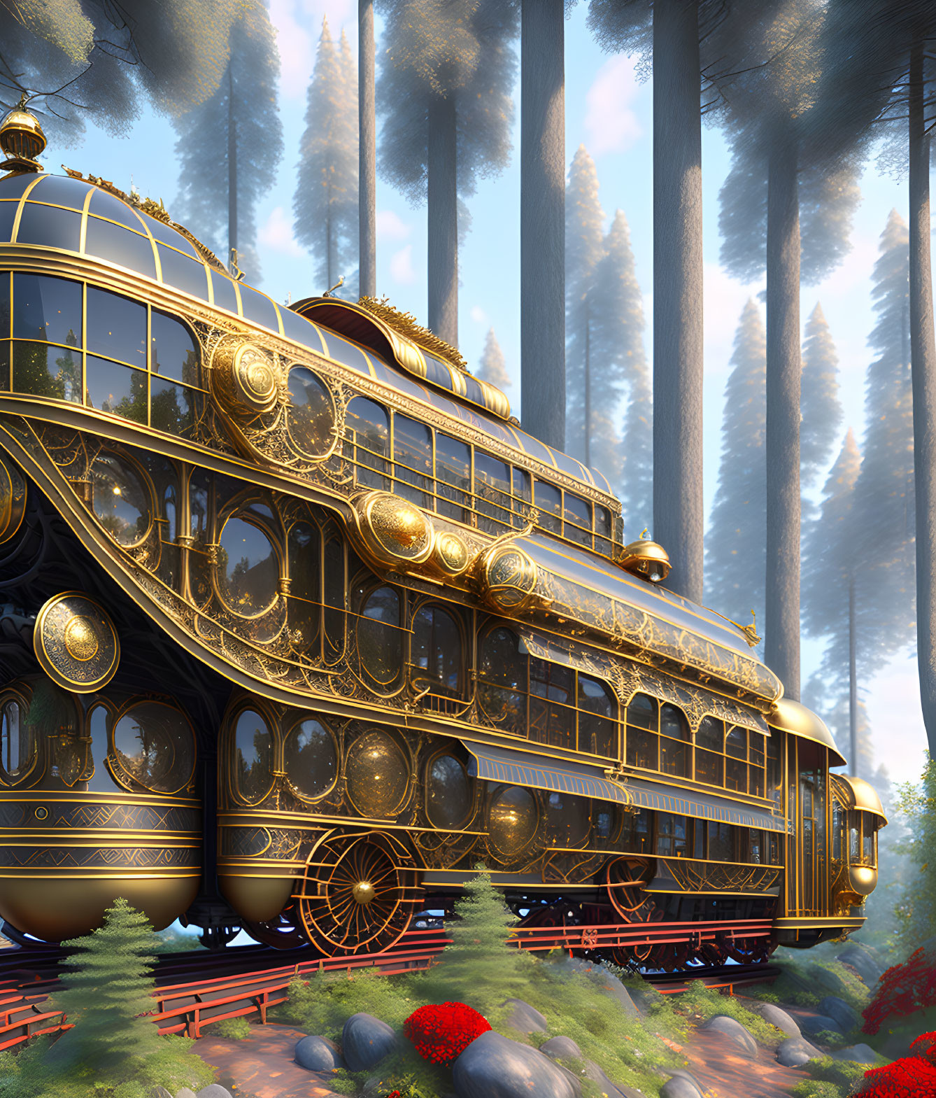 Ornate steam locomotive with golden details in forest setting