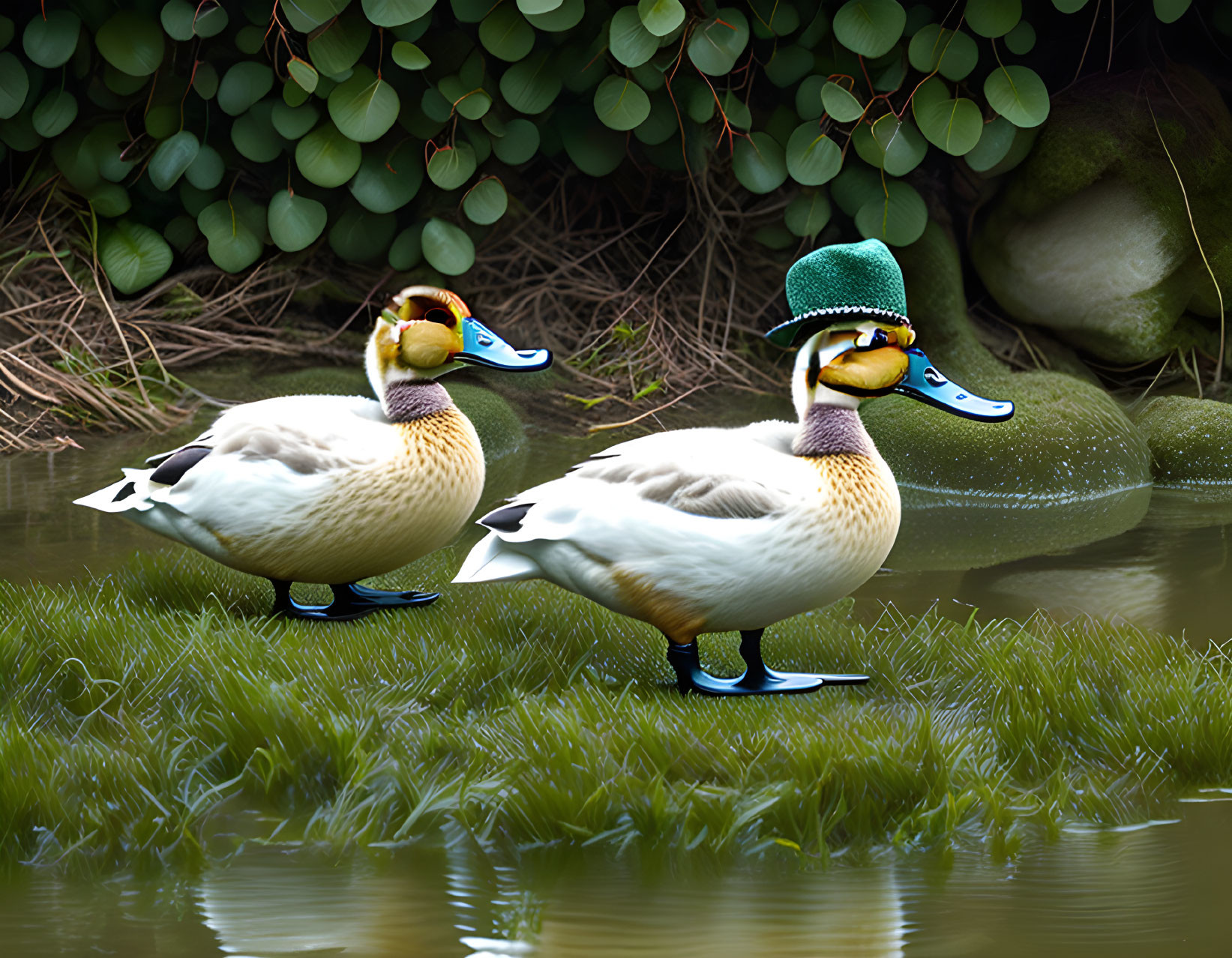 Two ducks by a pond with one wearing a green hat, surrounded by greenery and a rock