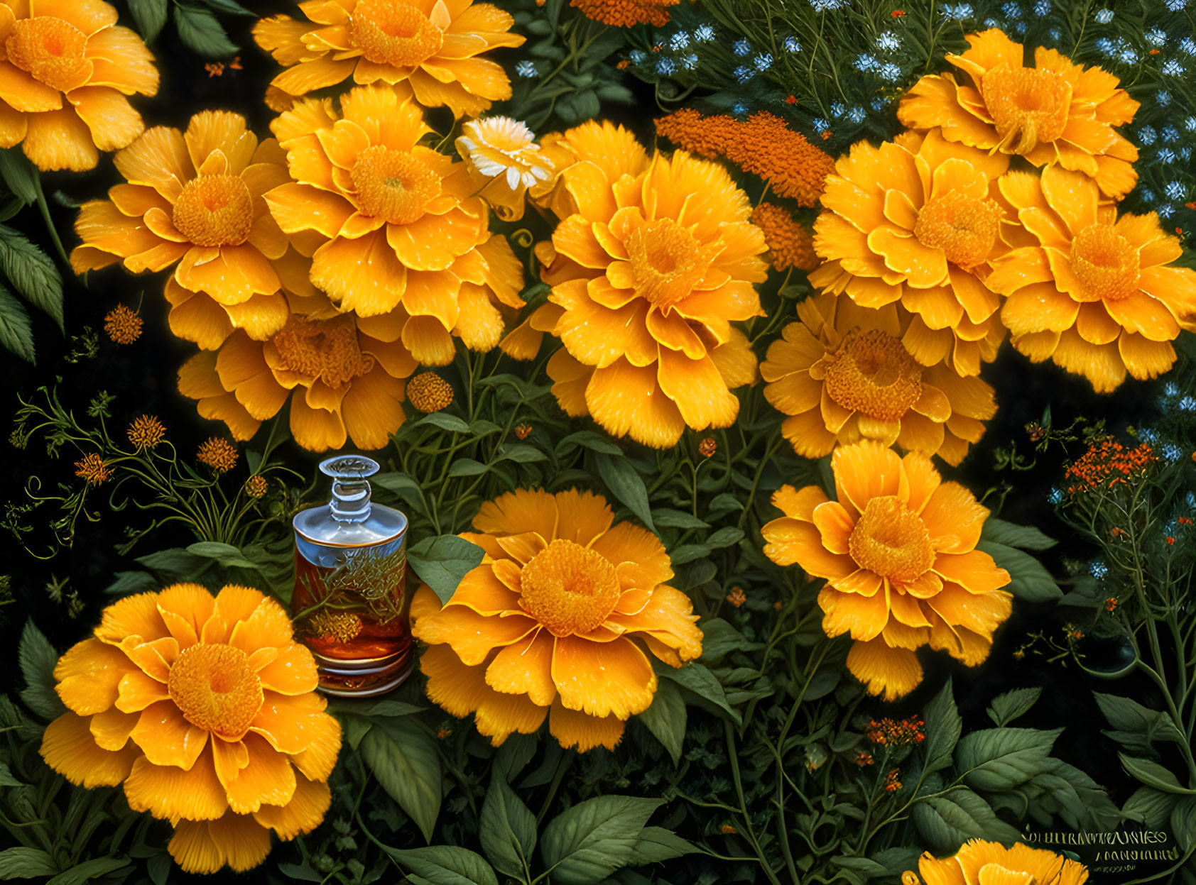 Bright Yellow Marigold Flowers with Decorative Bottle on Dark Background