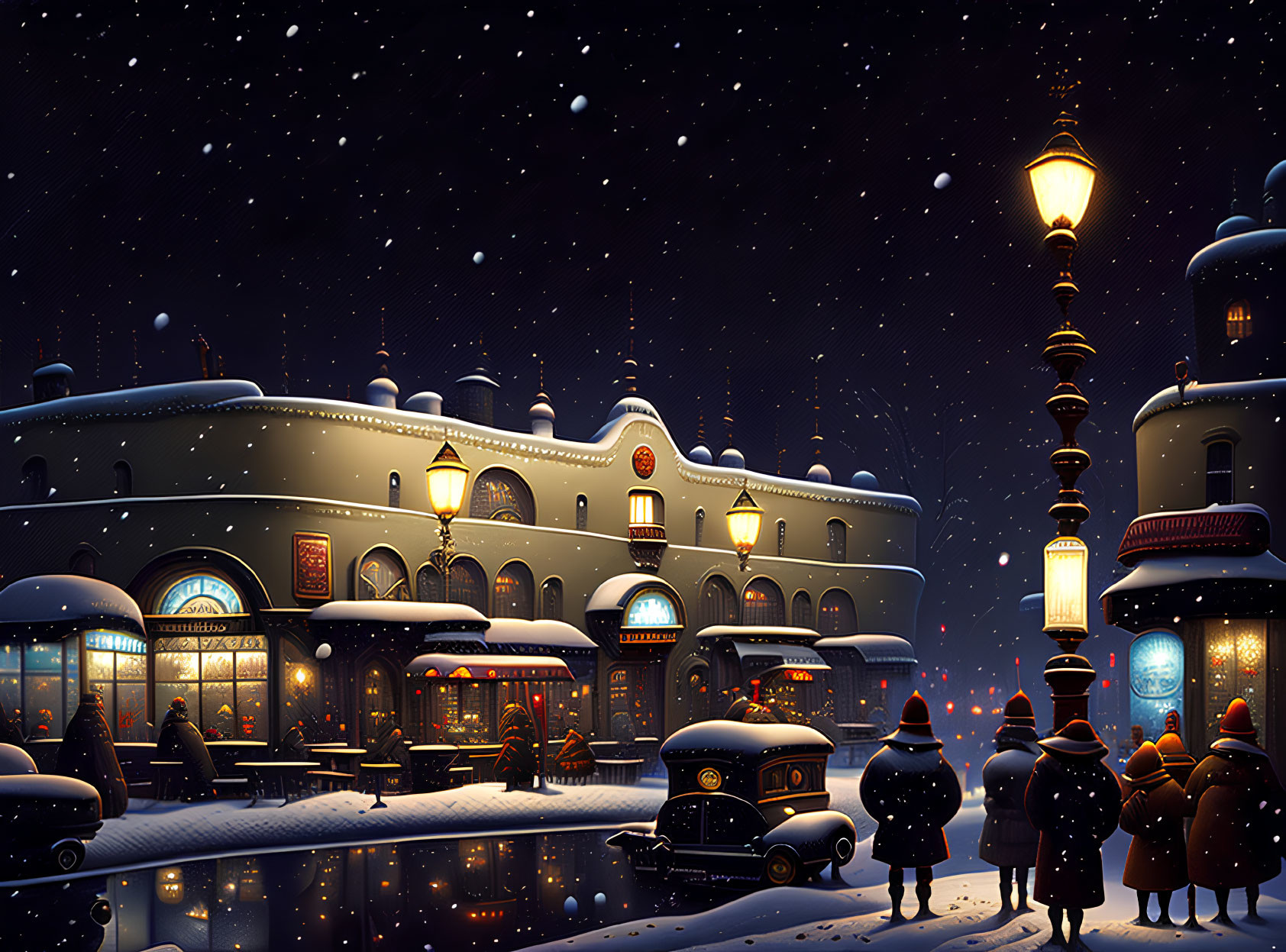 Illustrated winter night scene at vintage railway station with falling snow and parked old car