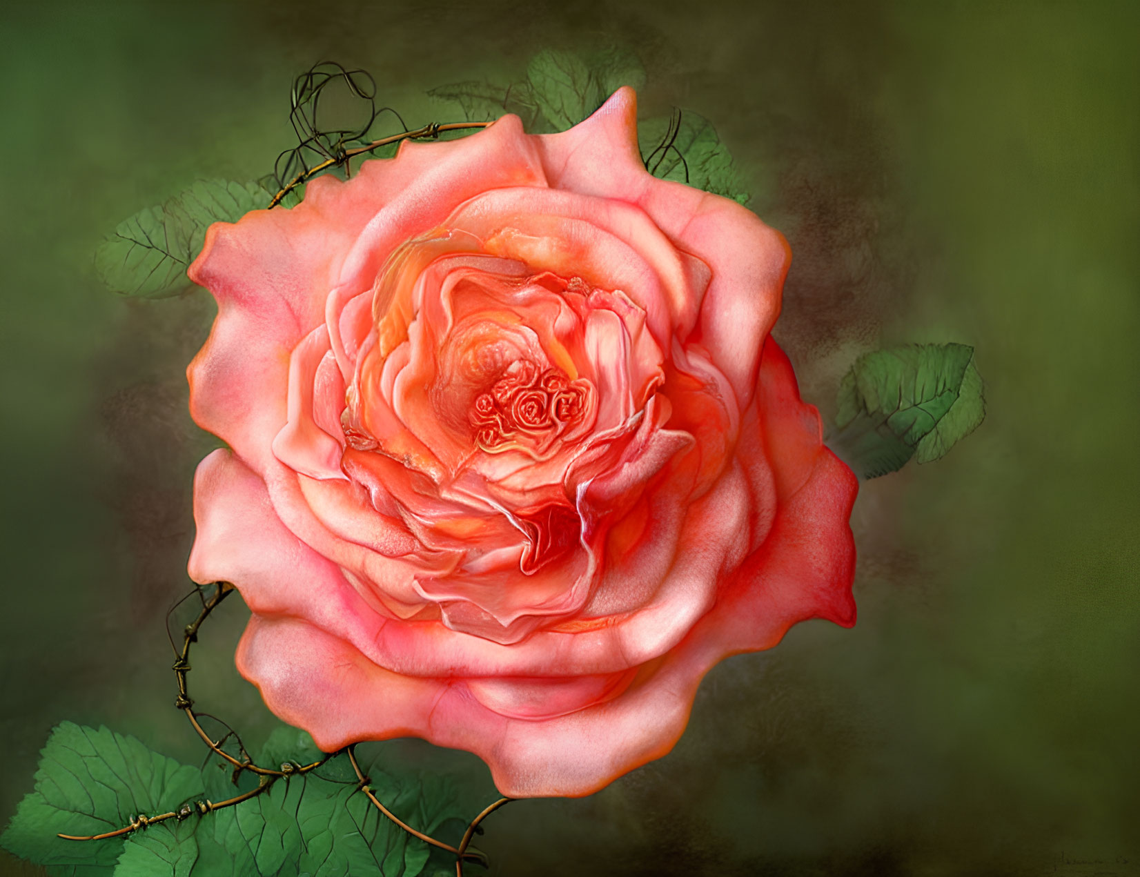 Detailed Pink Rose in Full Bloom with Green Leaves on Muted Background