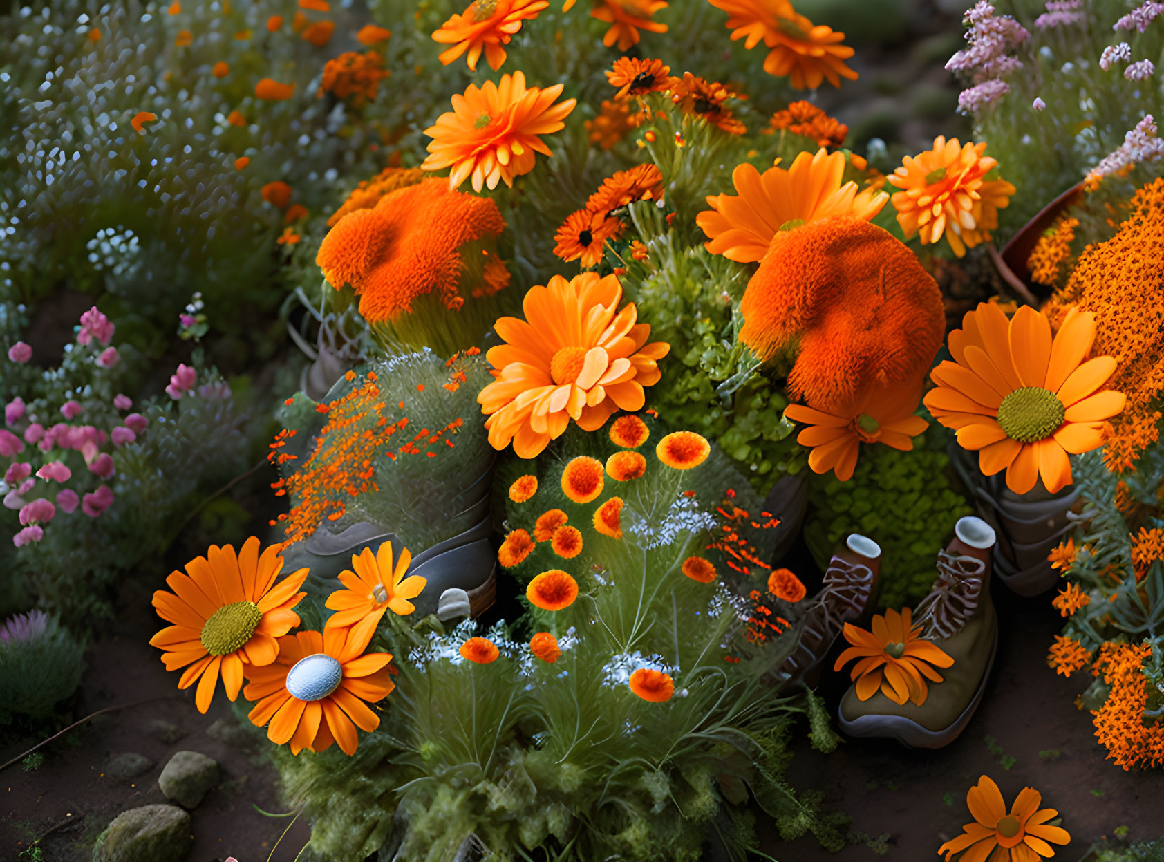 Colorful Garden with Marigolds, Daisies, and Boots