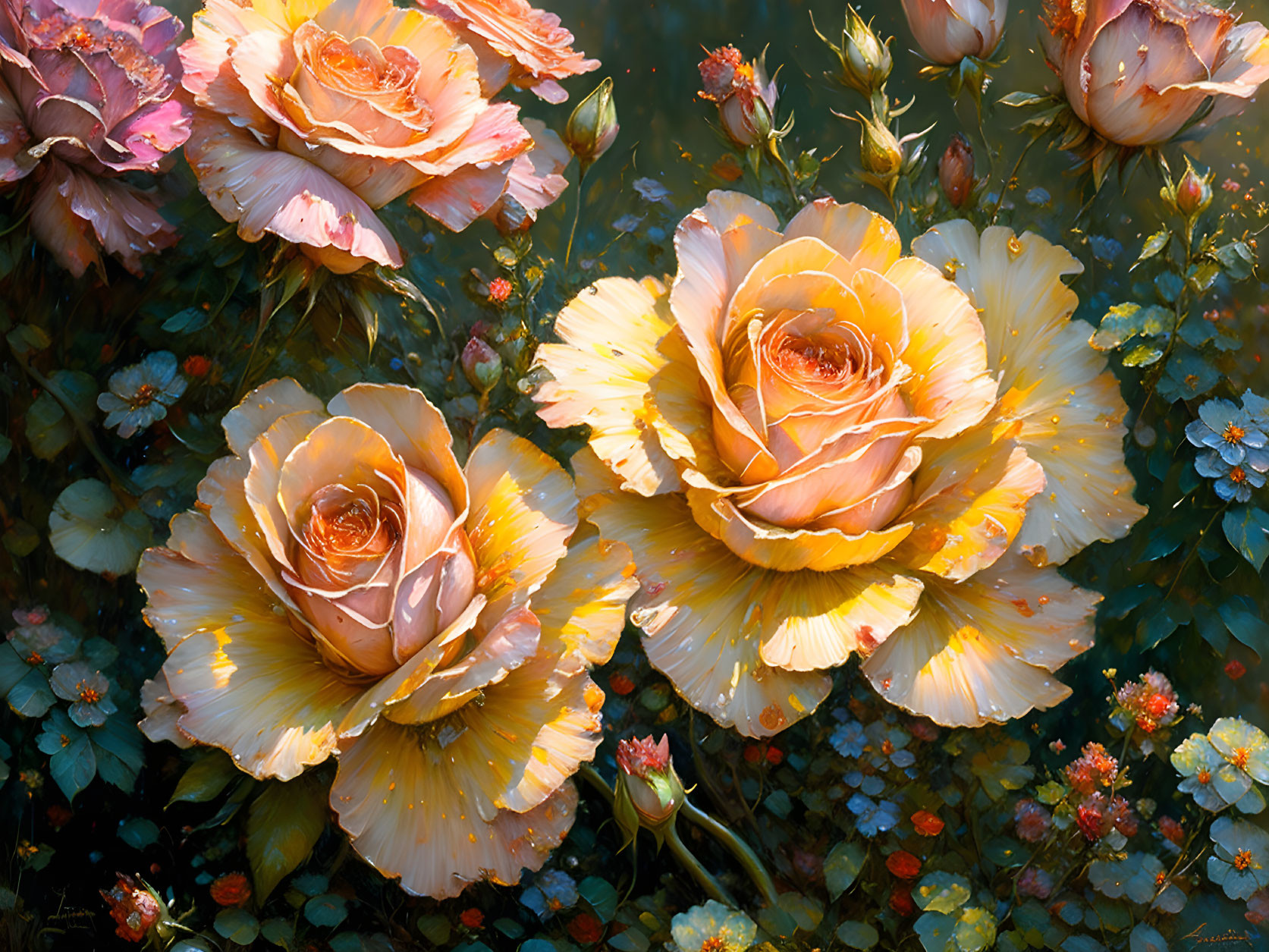 Vibrant Yellow and Peach Roses with Wildflowers and Greenery