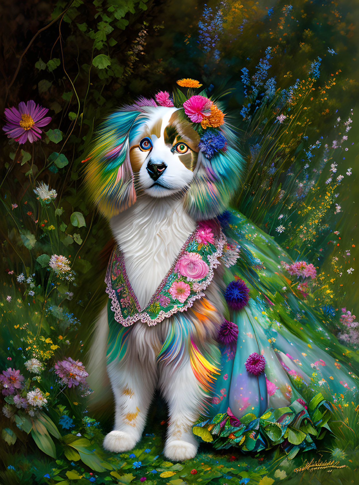 Vibrant painting of a whimsical dog with multicolored fur and floral elements