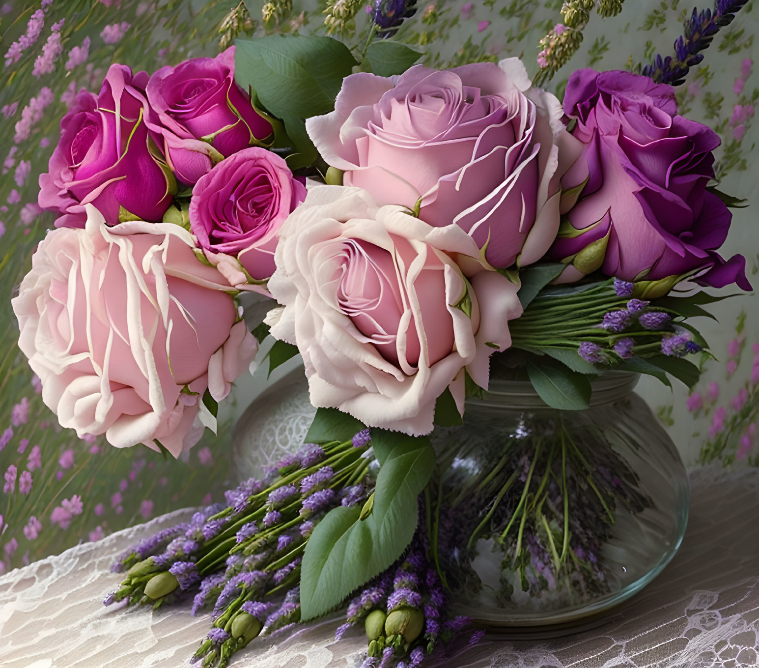 Pink and Fuchsia Roses Bouquet in Glass Vase on Lace-Covered Table