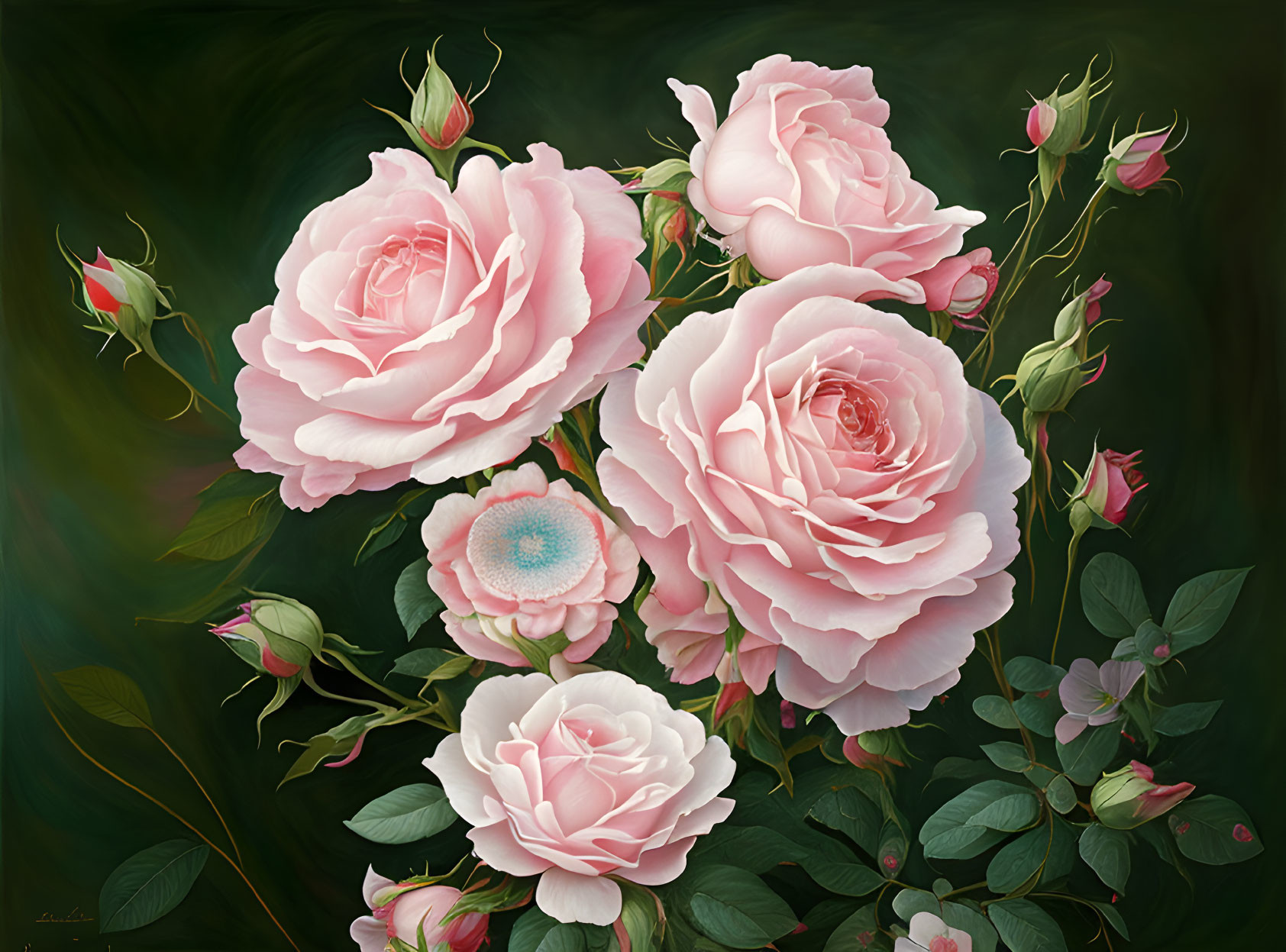 Pink Roses Painting with Lush Green Leaves on Dark Background