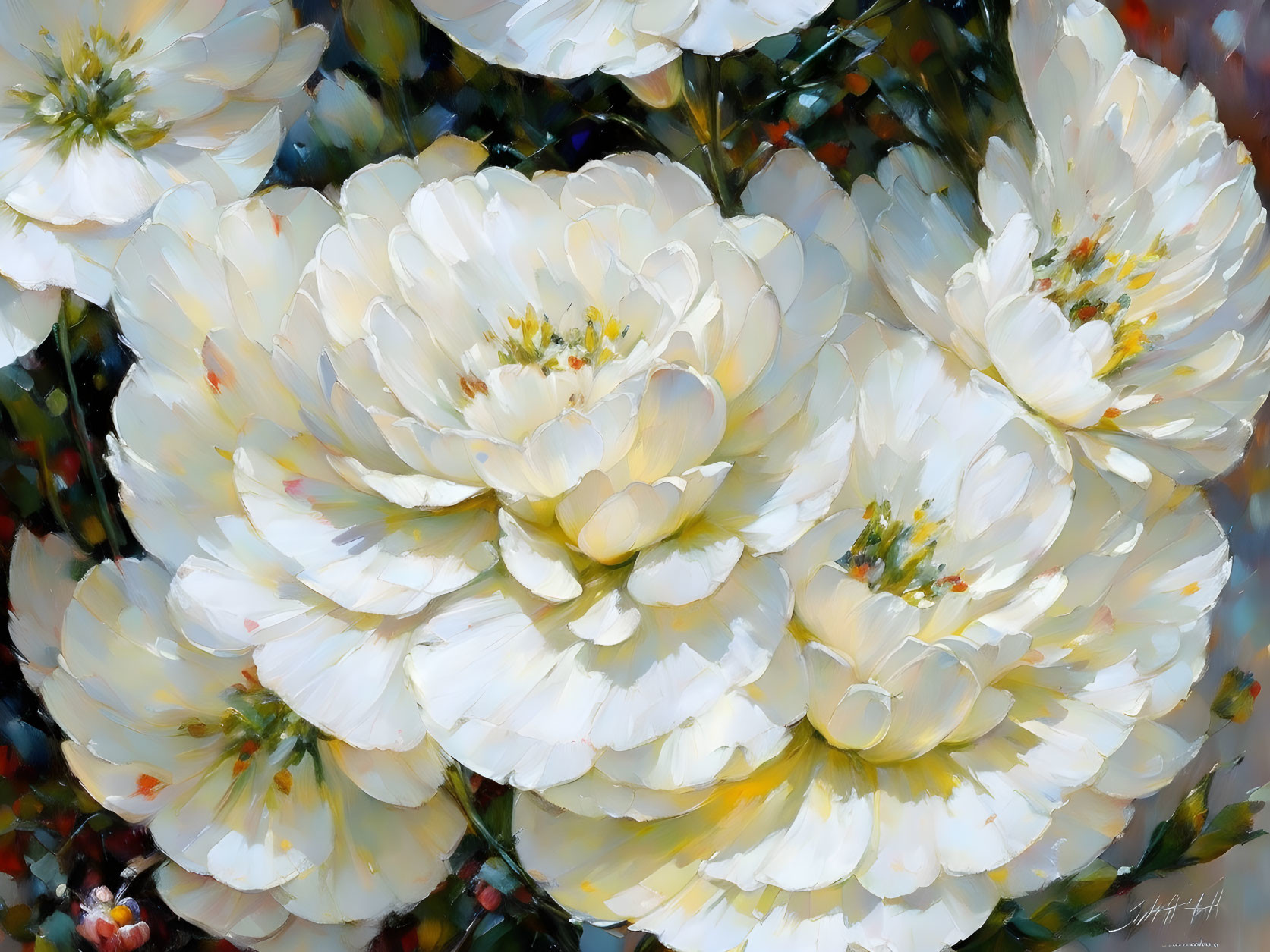 White Peonies Painting: Vibrant Yellow Centers on Dark Speckled Background