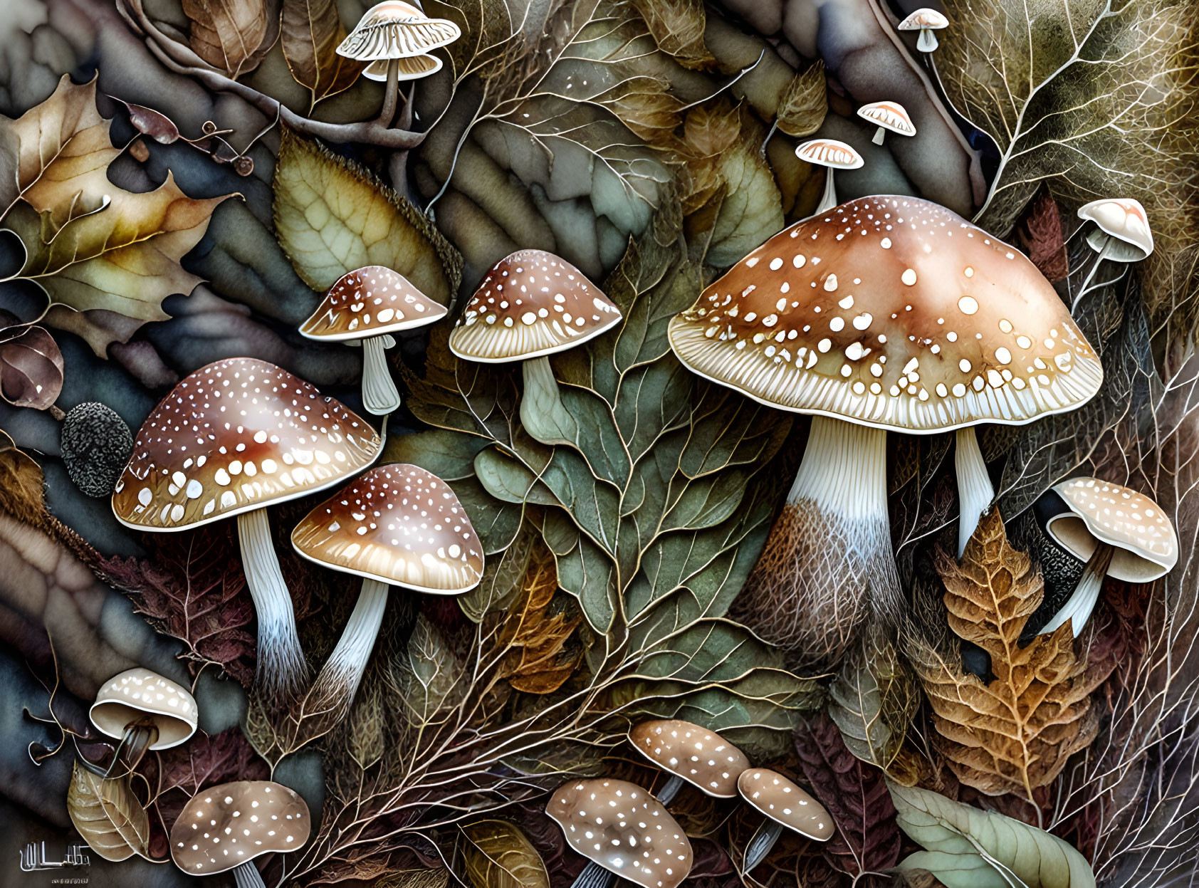 Detailed Mushrooms Among Autumn Leaves on Forest Floor