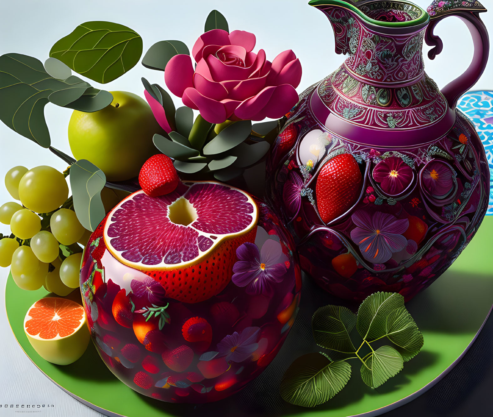 Colorful Fruit Still Life with Pitcher and Leaves