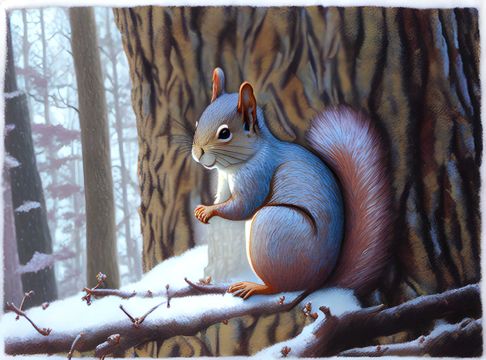 Detailed Illustration: Blue-Gray Squirrel in Snowy Forest