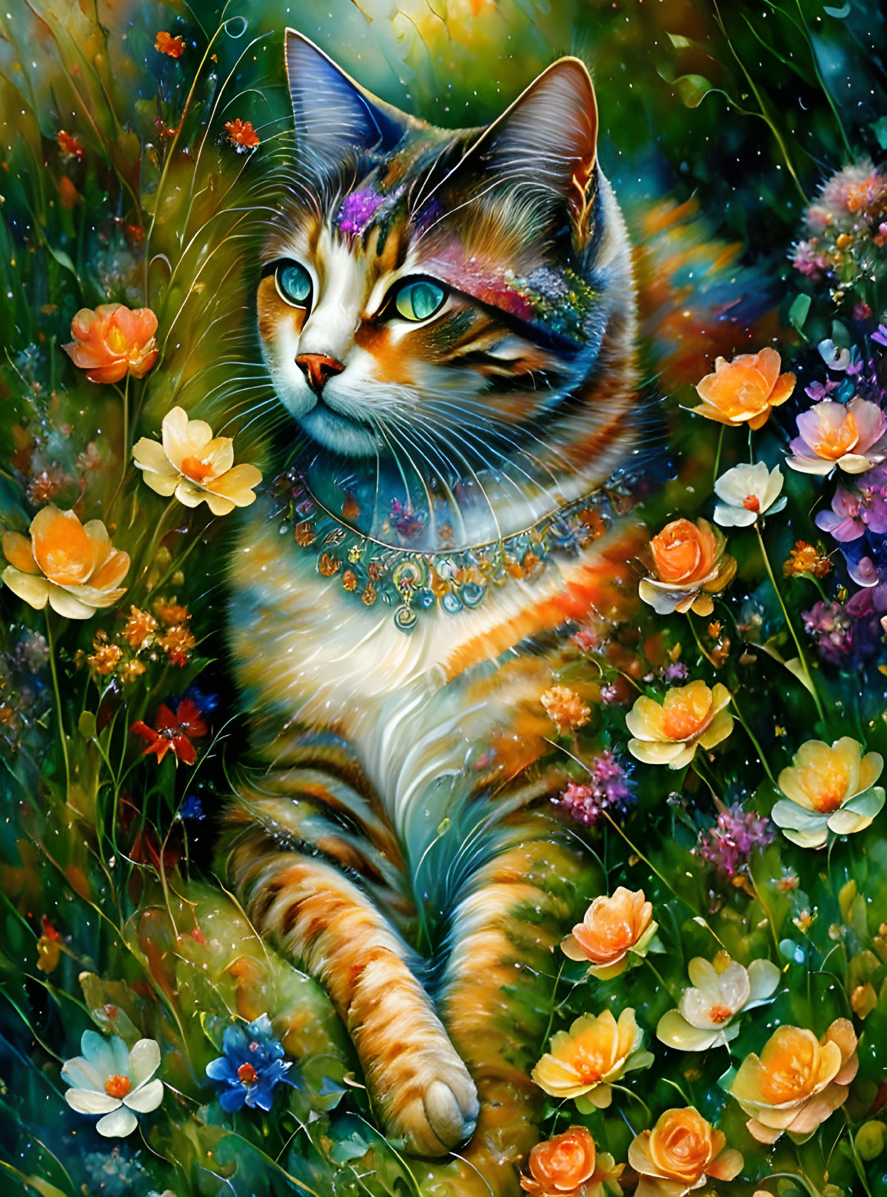 Vibrant cat surrounded by flowers and jewels