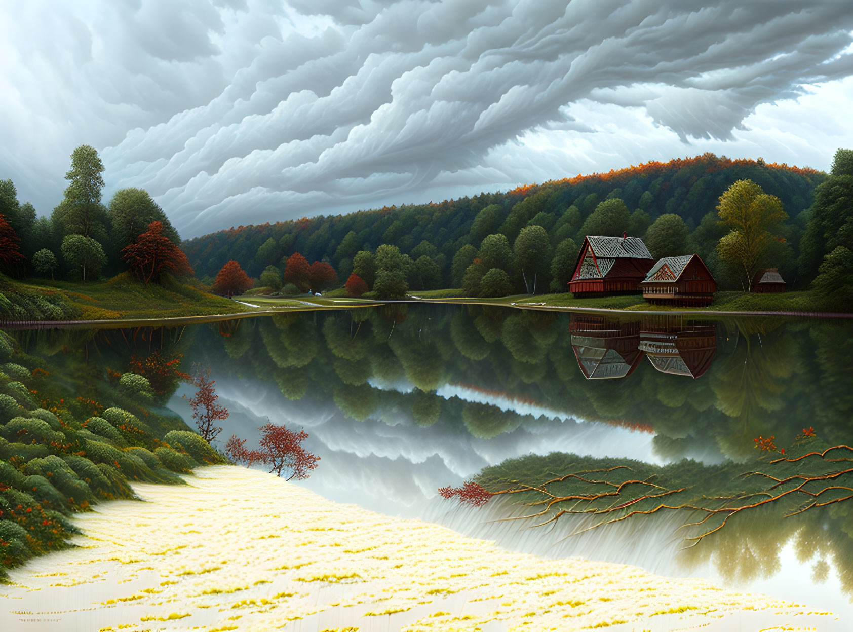 Tranquil landscape with reflective lake, red-roofed house, autumn trees, and striking clouds