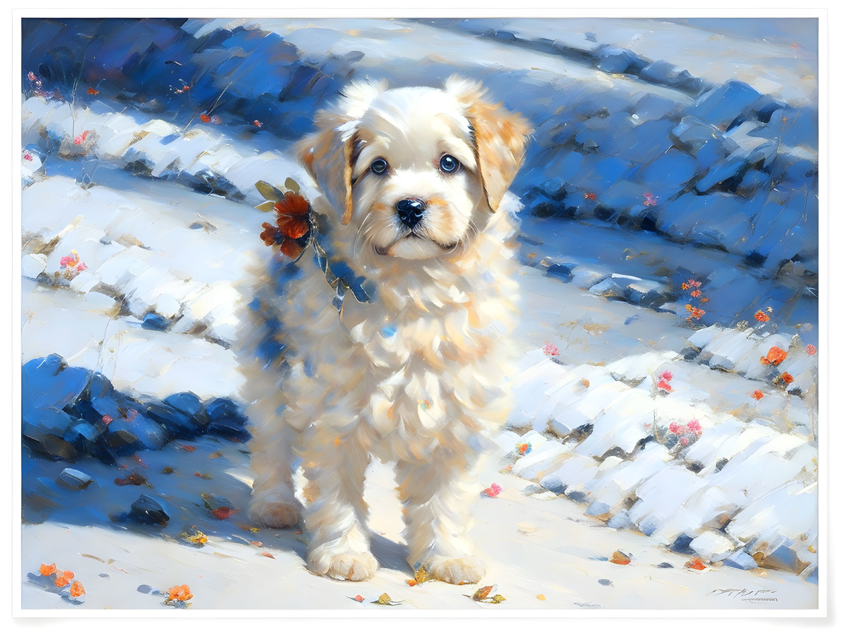 Fluffy White and Tan Puppy with Flower on Snowy Path