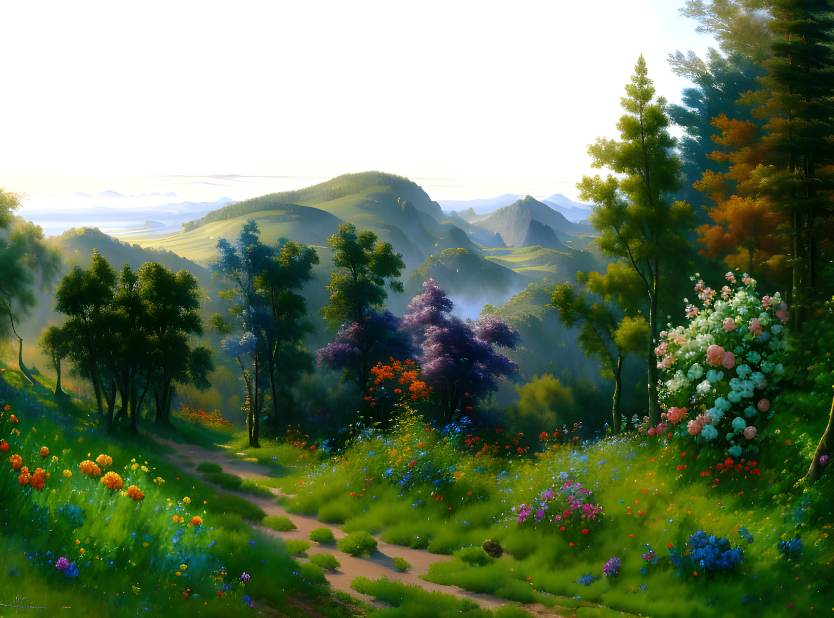 Lush Path through Vibrant Landscape with Blooming Flowers