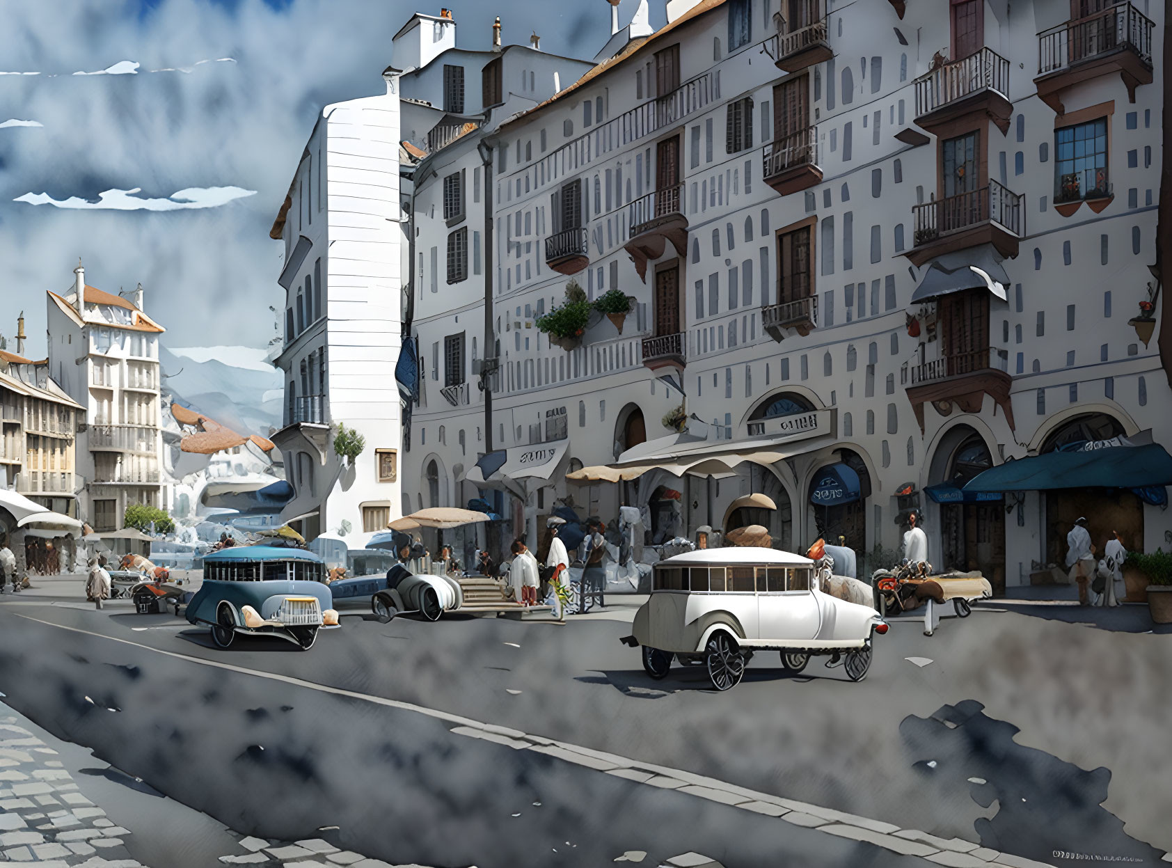 Vintage city street with classic cars, pedestrians, and quaint buildings