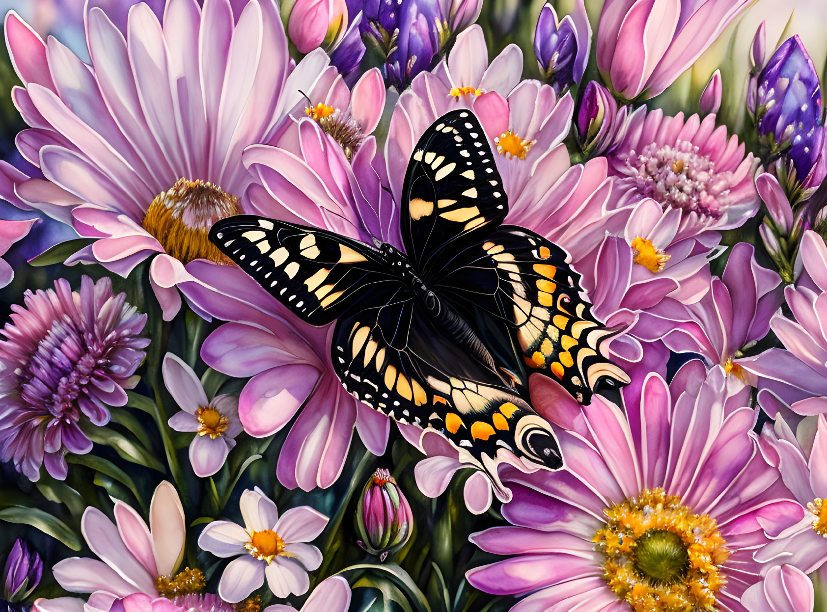 Colorful butterfly on purple and pink flowers with yellow centers