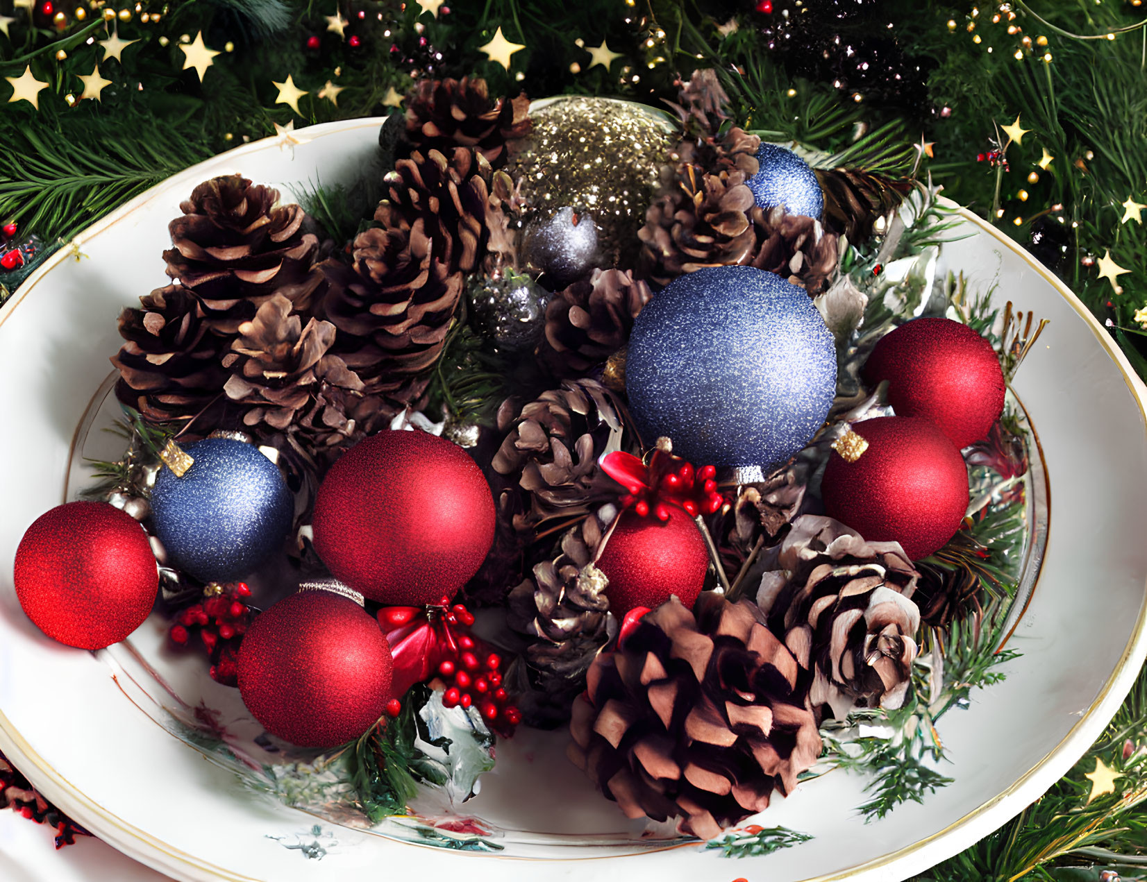 Red and Blue Ornaments Christmas Arrangement with Pine Cones and Greenery