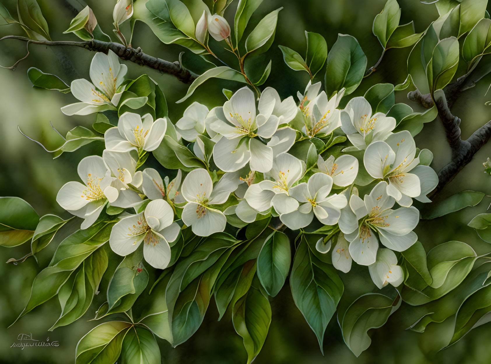 White Flowering Branch with Vibrant Green Leaves and Yellow Stamens