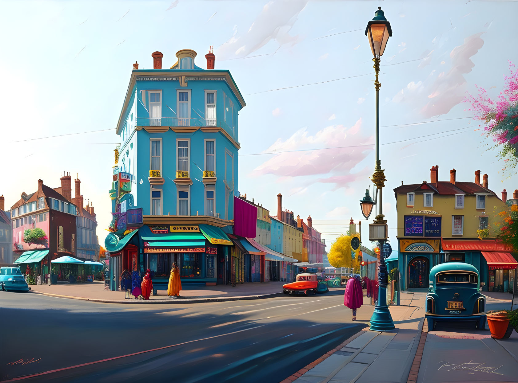 Colorful street scene with blue corner building, vintage cars, and pedestrians.