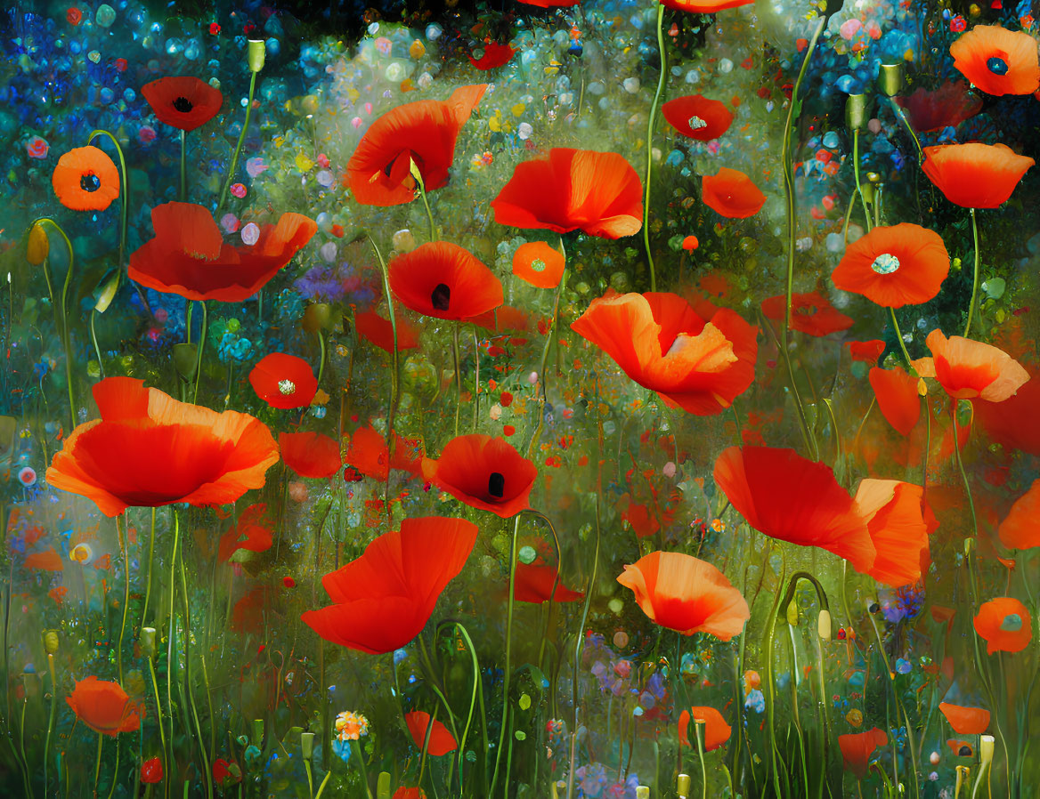 Colorful poppies in a blooming field with bokeh effect and varied flowers.