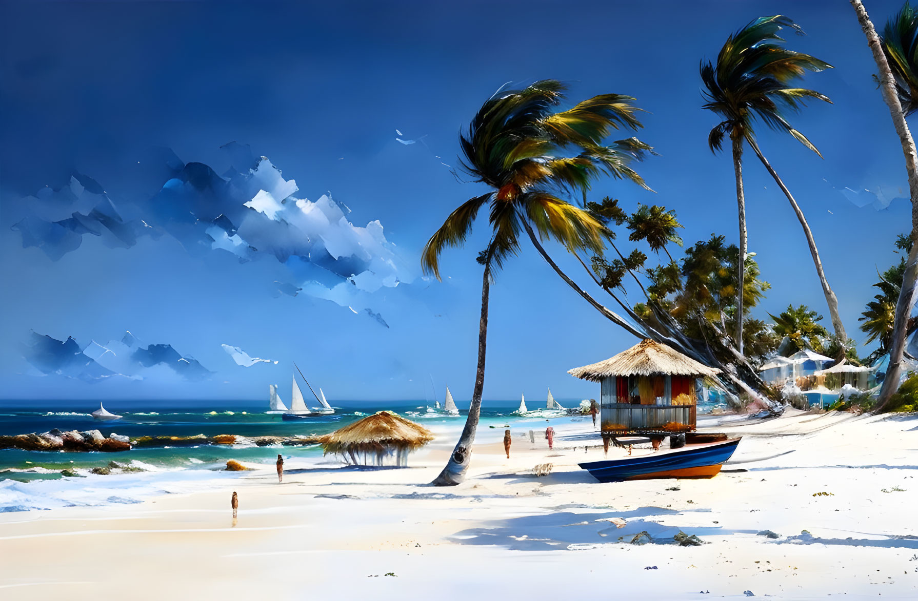 Tropical beach scene with palm trees, colorful hut, boat, and people under blue sky